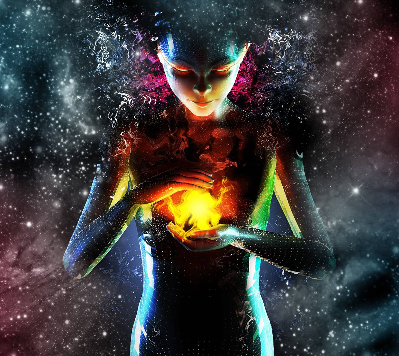 Femeie Estetică Spirituală Cu Foc Fundal