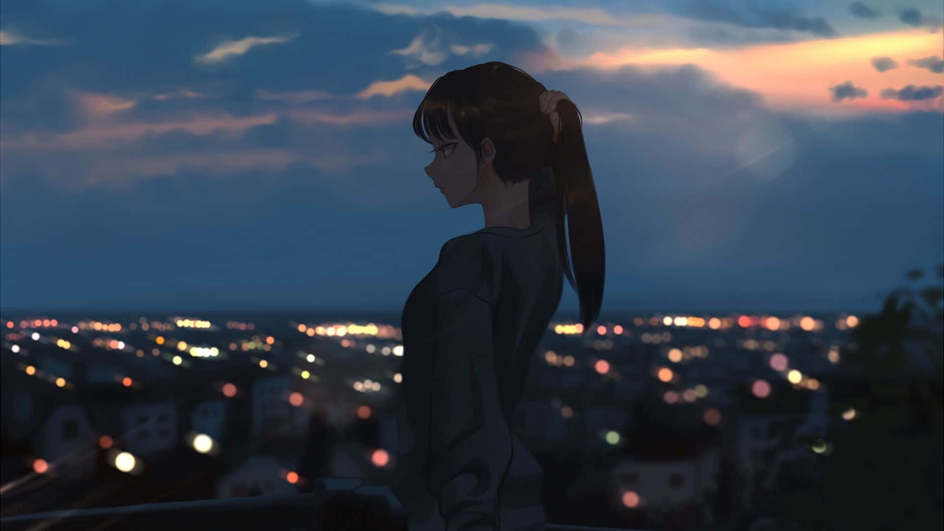 Femeie privește peisajul urban anime de noapte Fundal