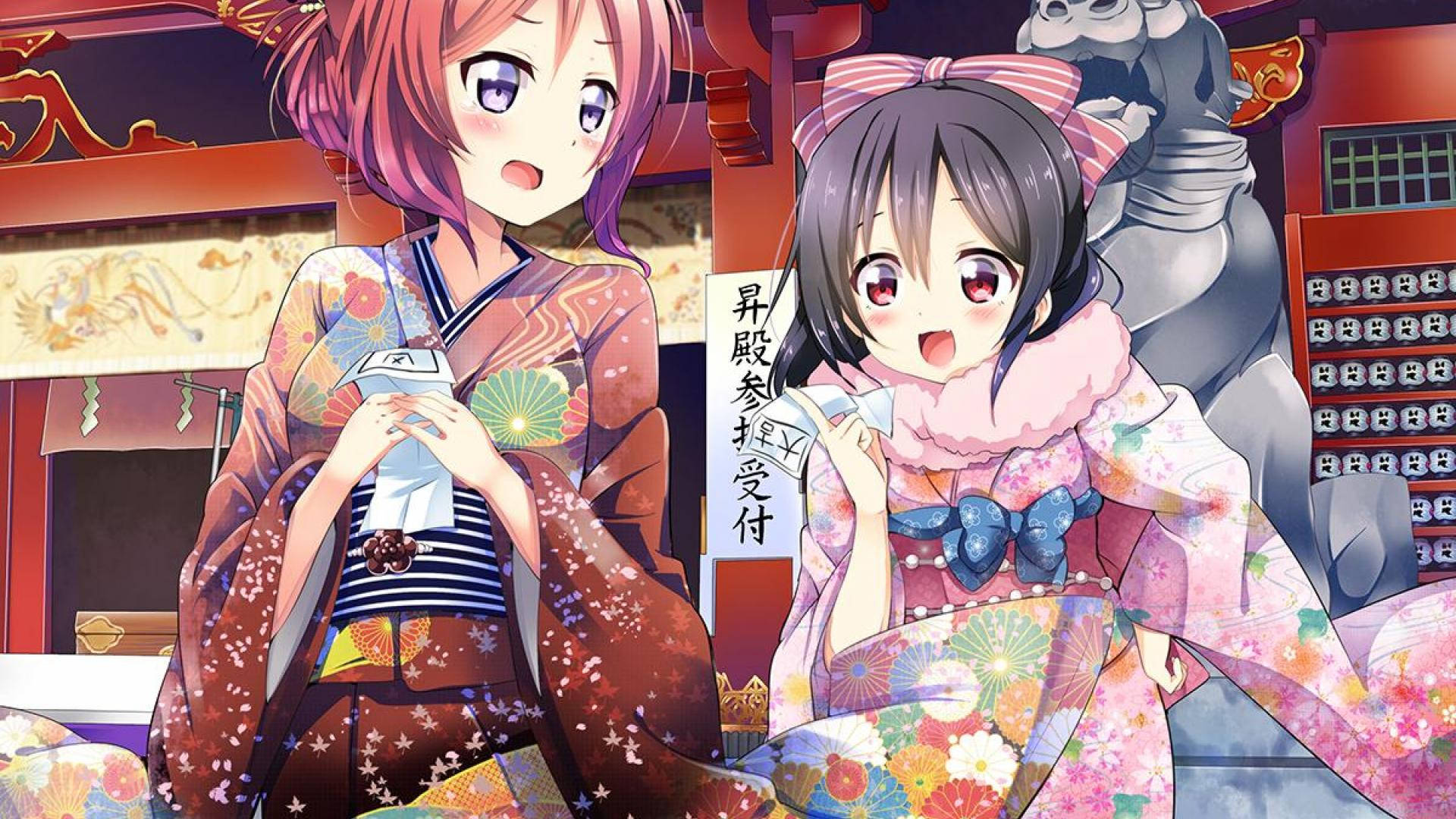 Fete Anime în Yukata Fundal