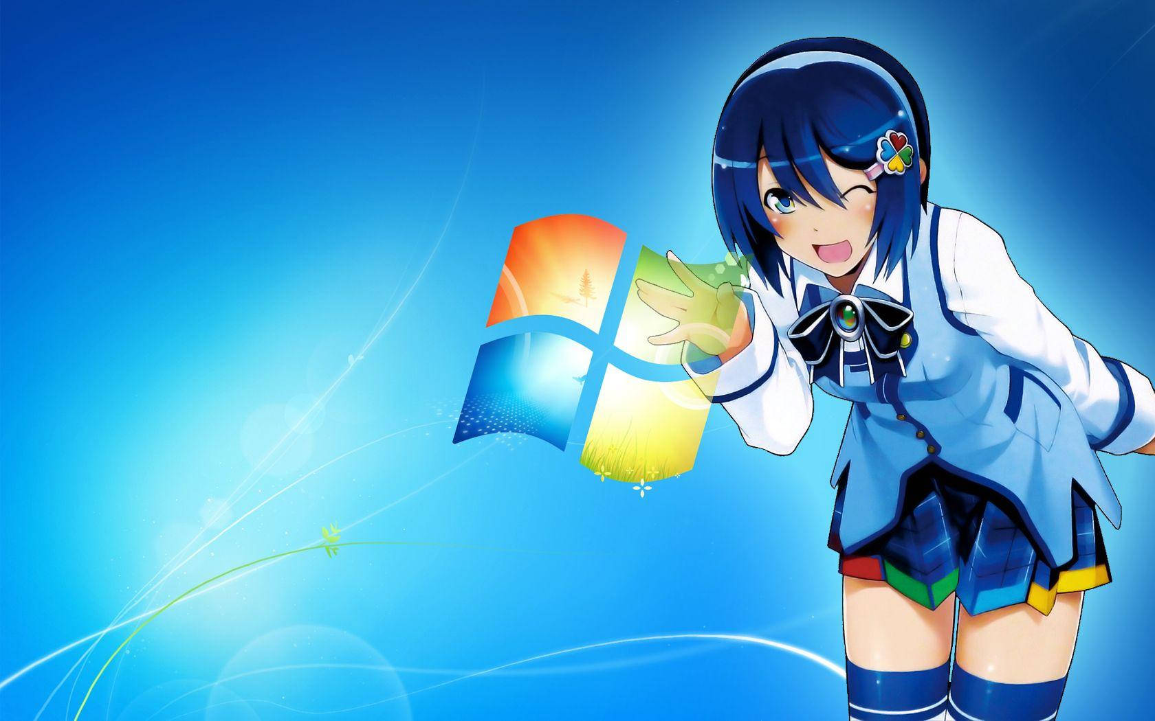 Fetita albastră din meme anime pe fundal Microsoft Fundal