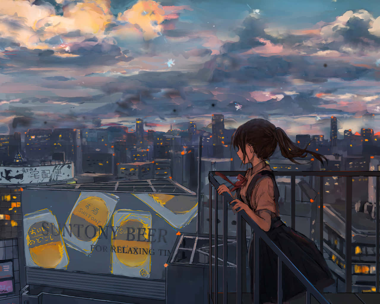 Fetiță anime admirând peisajul urban Fundal