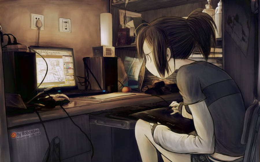 Fetita Anime Confuza în Fața Laptopului Fundal