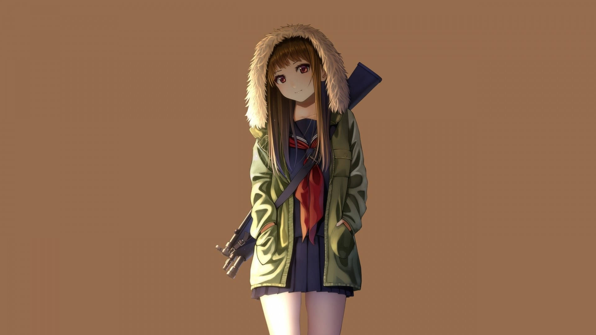 Fetita anime cu hanorac și pistol Fundal