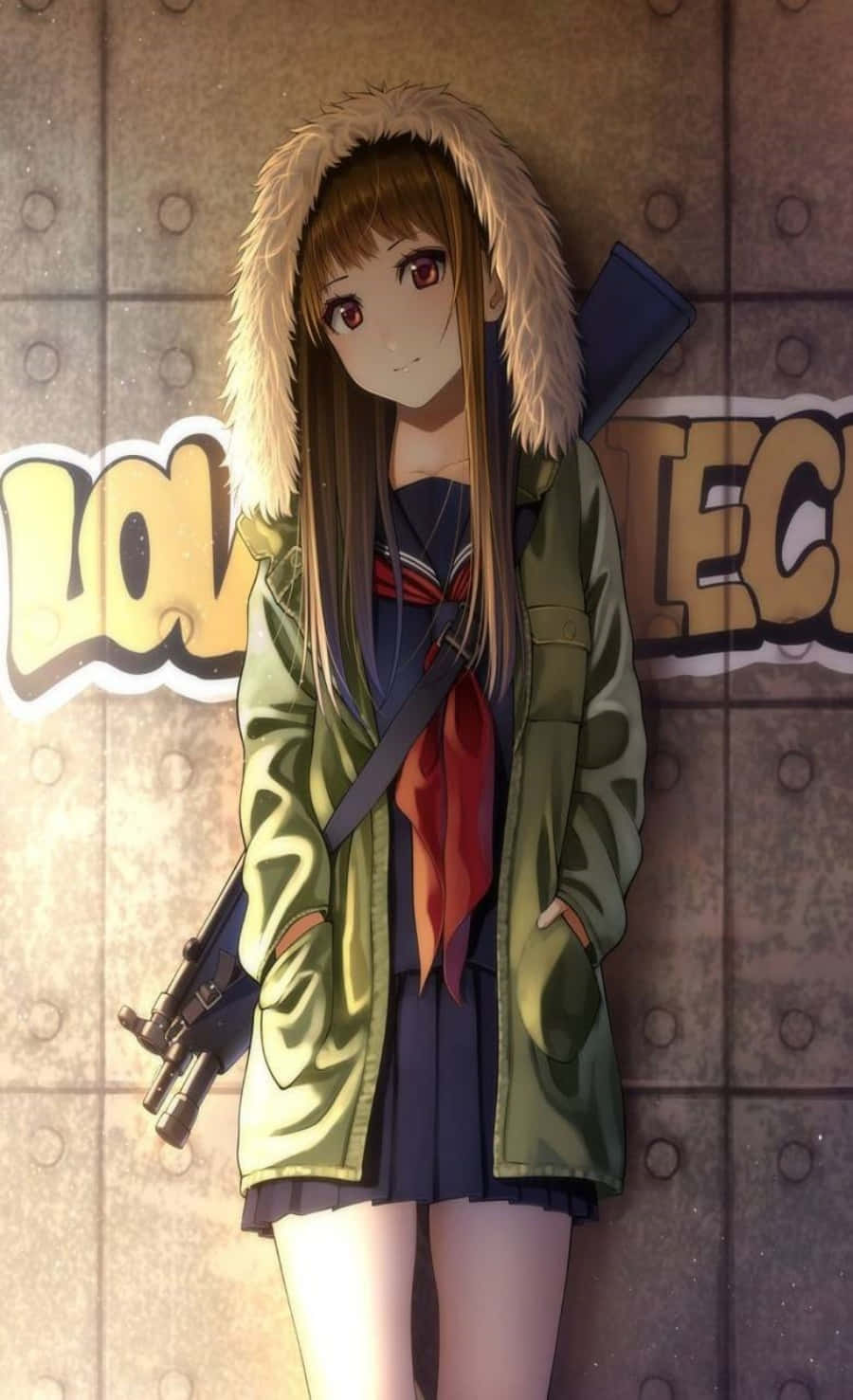 Fetita anime într-o hanoracă stilată Fundal