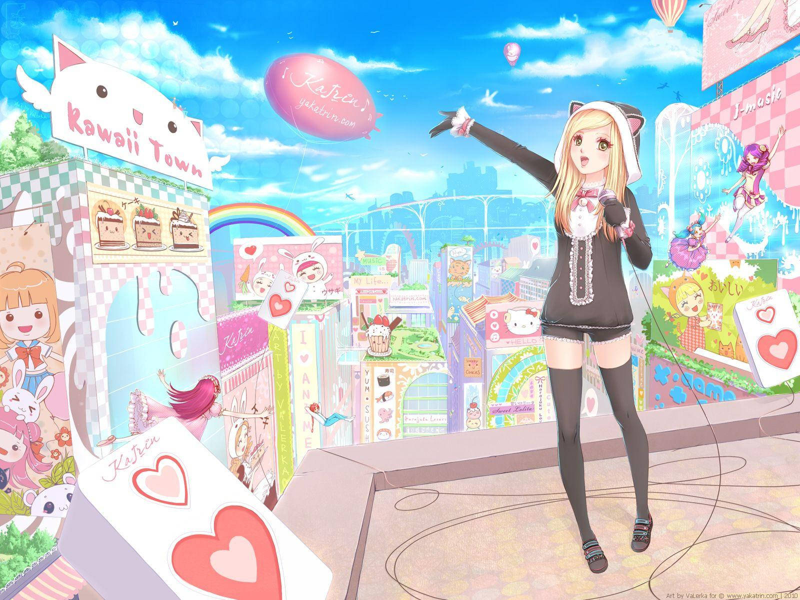 Fetita Anime Kawaii Înconjurată de Magazinulețe Drăguțe Fundal