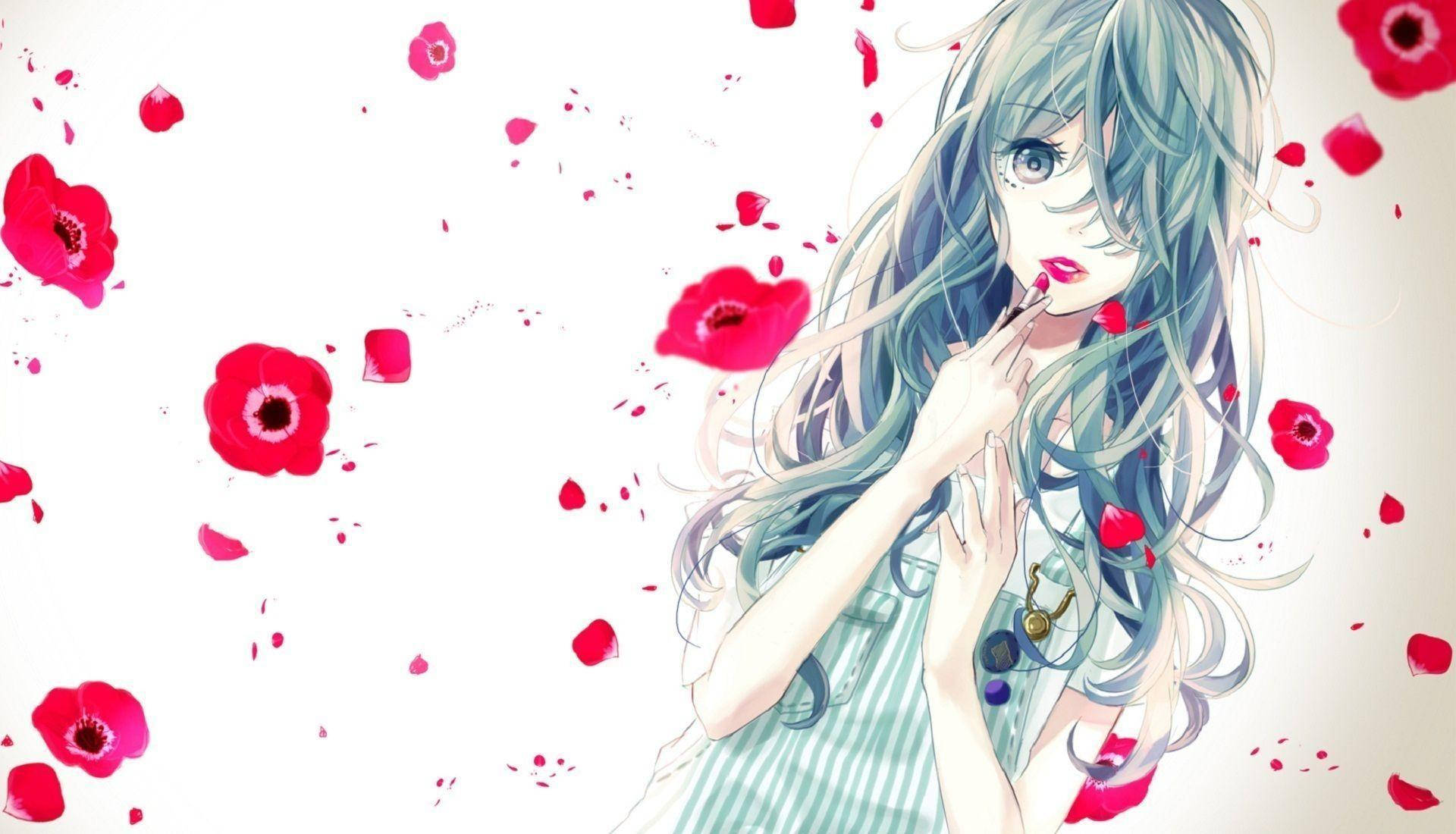 Fetita anime kawaii cu ruj roșu și petale Fundal