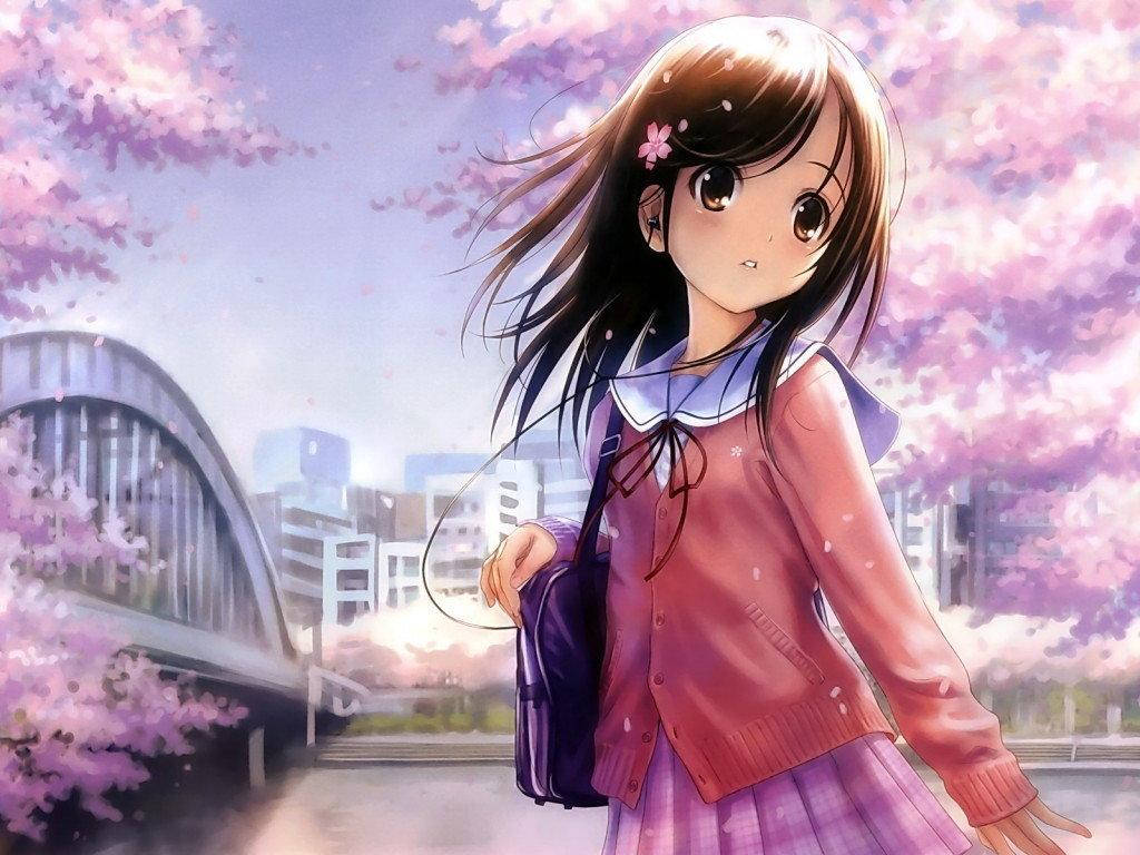 Fetita anime kawaii cu copaci de flori de cires Fundal