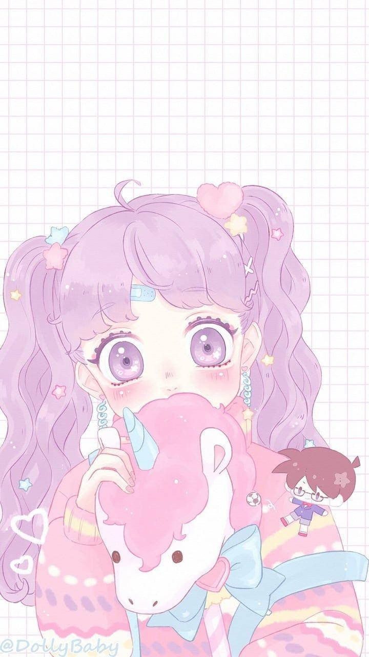 Fetita anime kawaii cu unicorn de plush Fundal