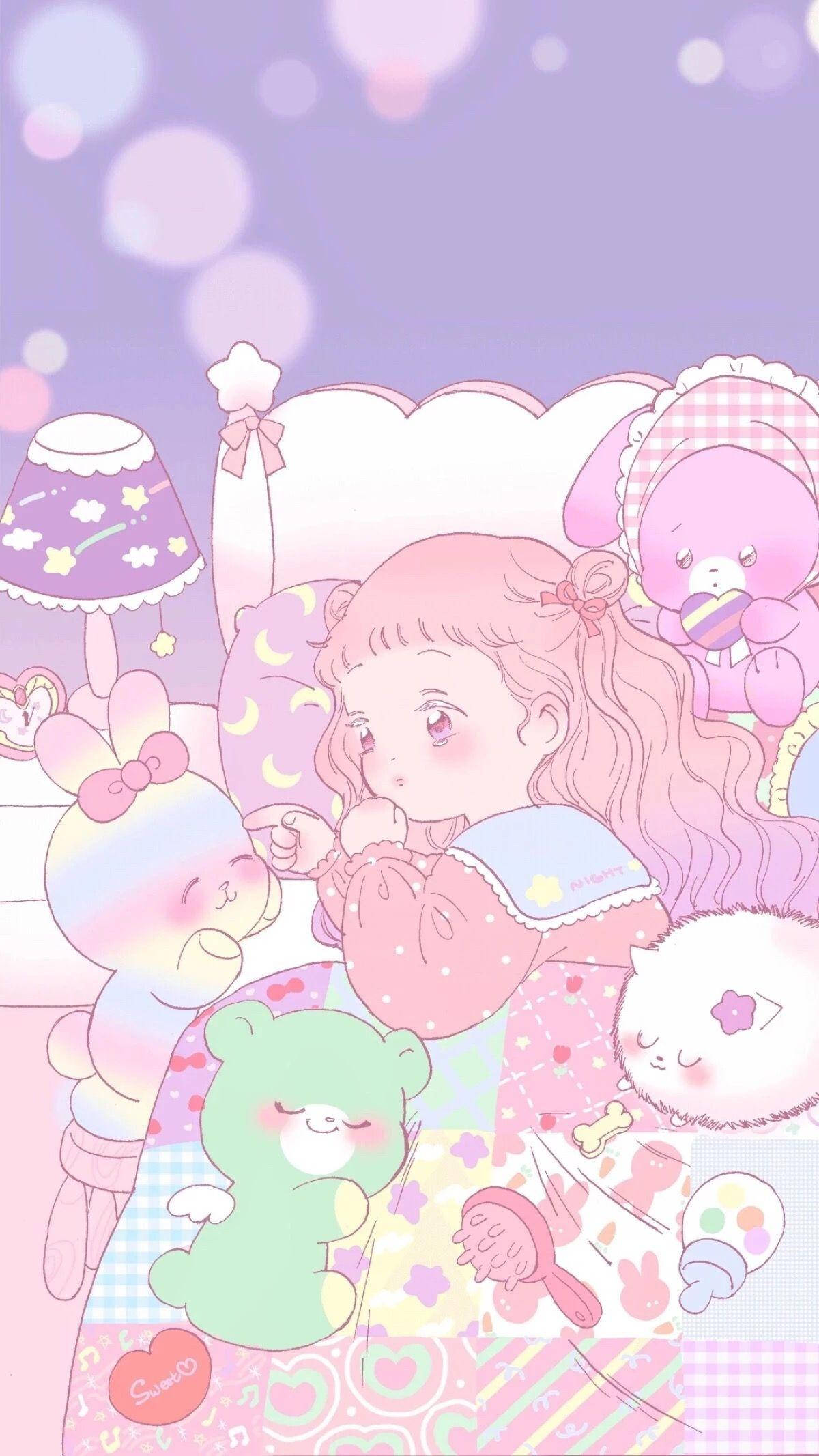 Fetita anime kawaii in pat cu jucarii de plush Fundal