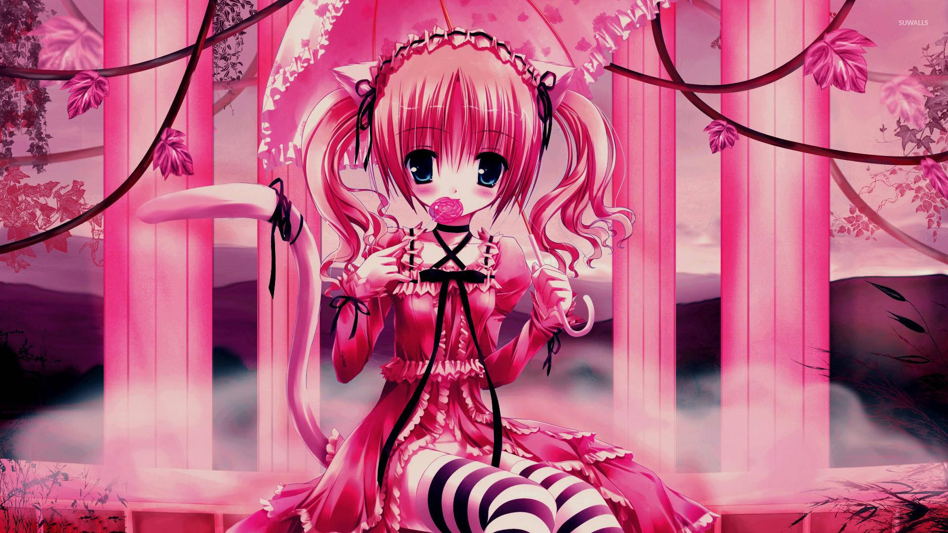 Fetita Anime Kawaii în Stâlpi Roz Fundal