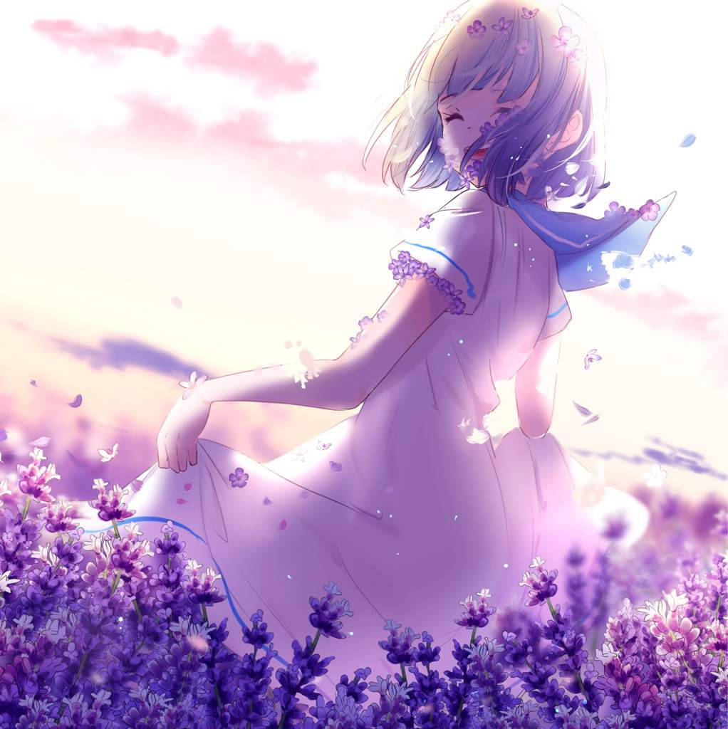 Fetita anime kawaii pe un camp de flori Fundal