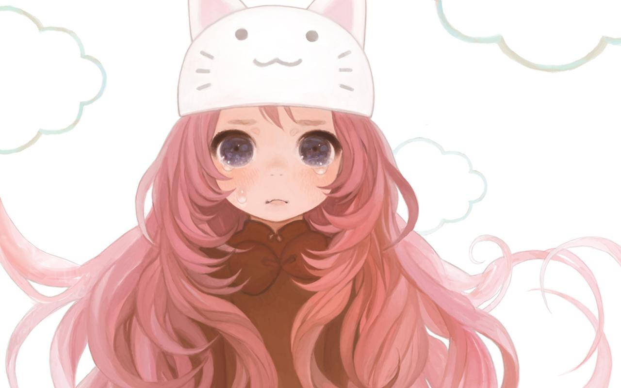 Fetită anime kawaii plângând cu pălărie de pisică Fundal