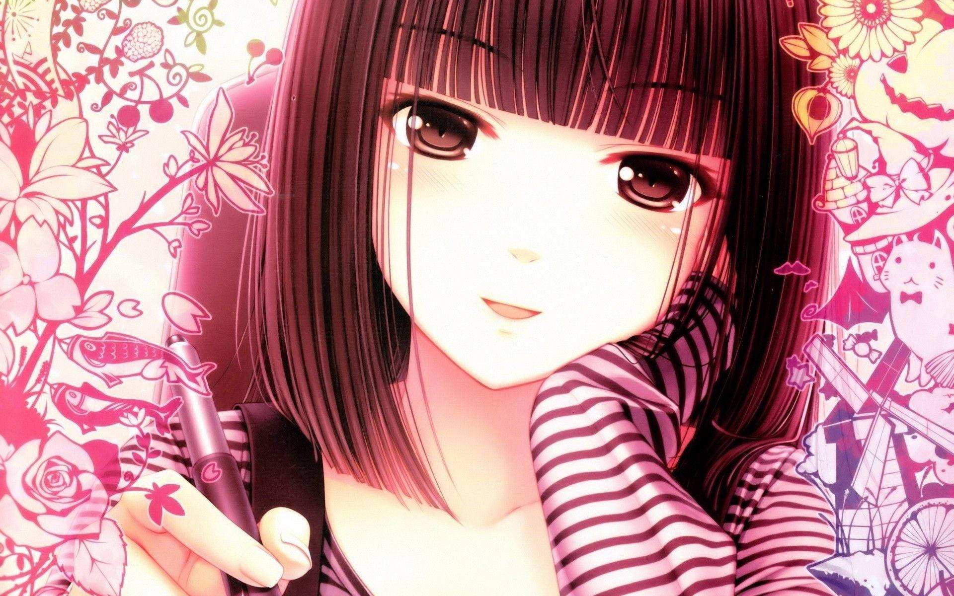Fetita Anime Kawaii Tinand Un Stilou Cu Doodle-uri Fundal