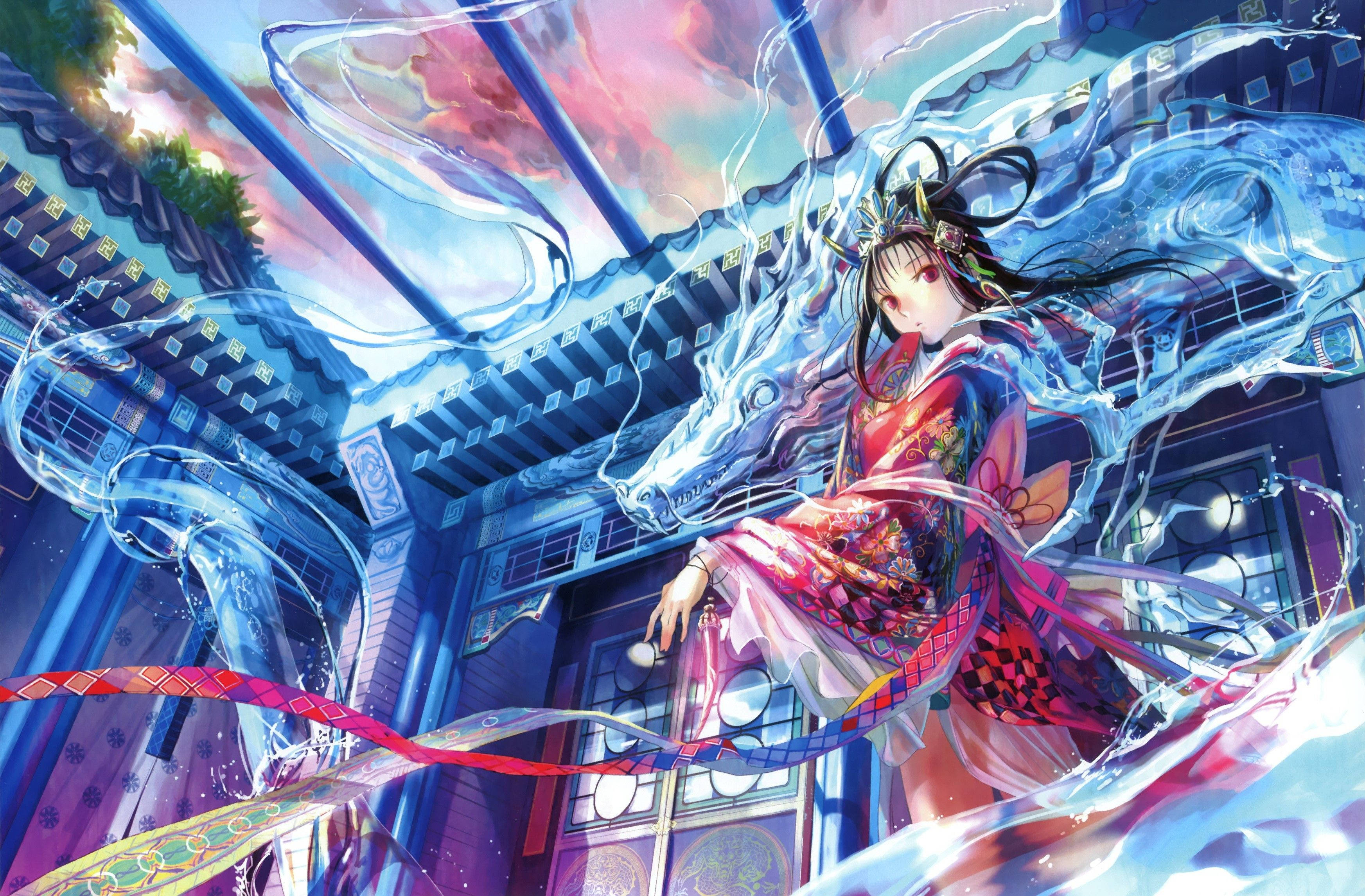 Fetita Anime PC cu Dragon Japonez Fundal