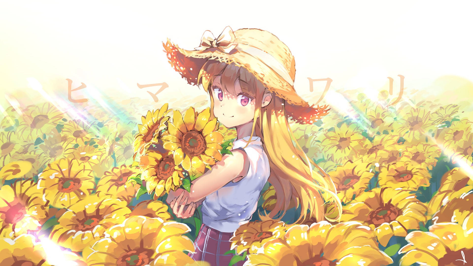 Fetiță drăguță anime în grădina cu floarea soarelui Fundal
