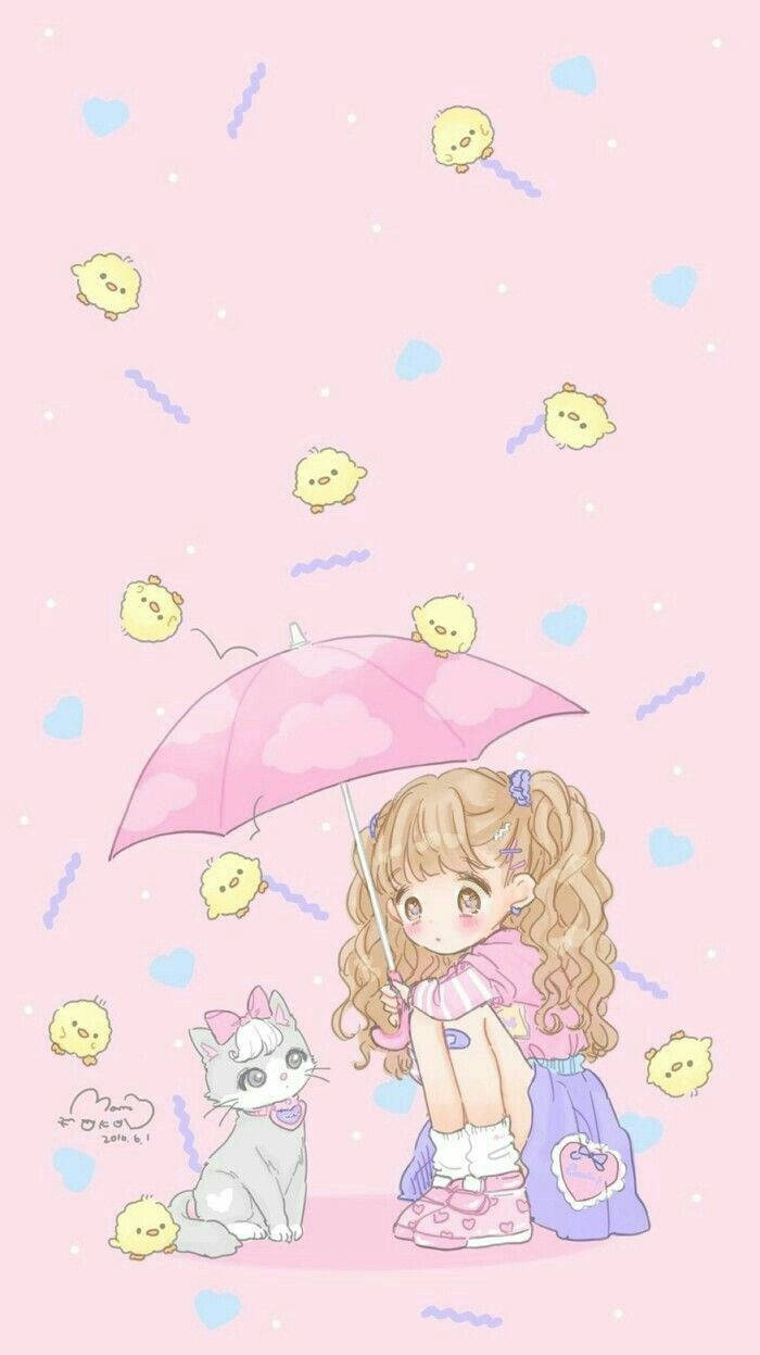 Fetiță drăguță kawaii cu pisica ei Fundal