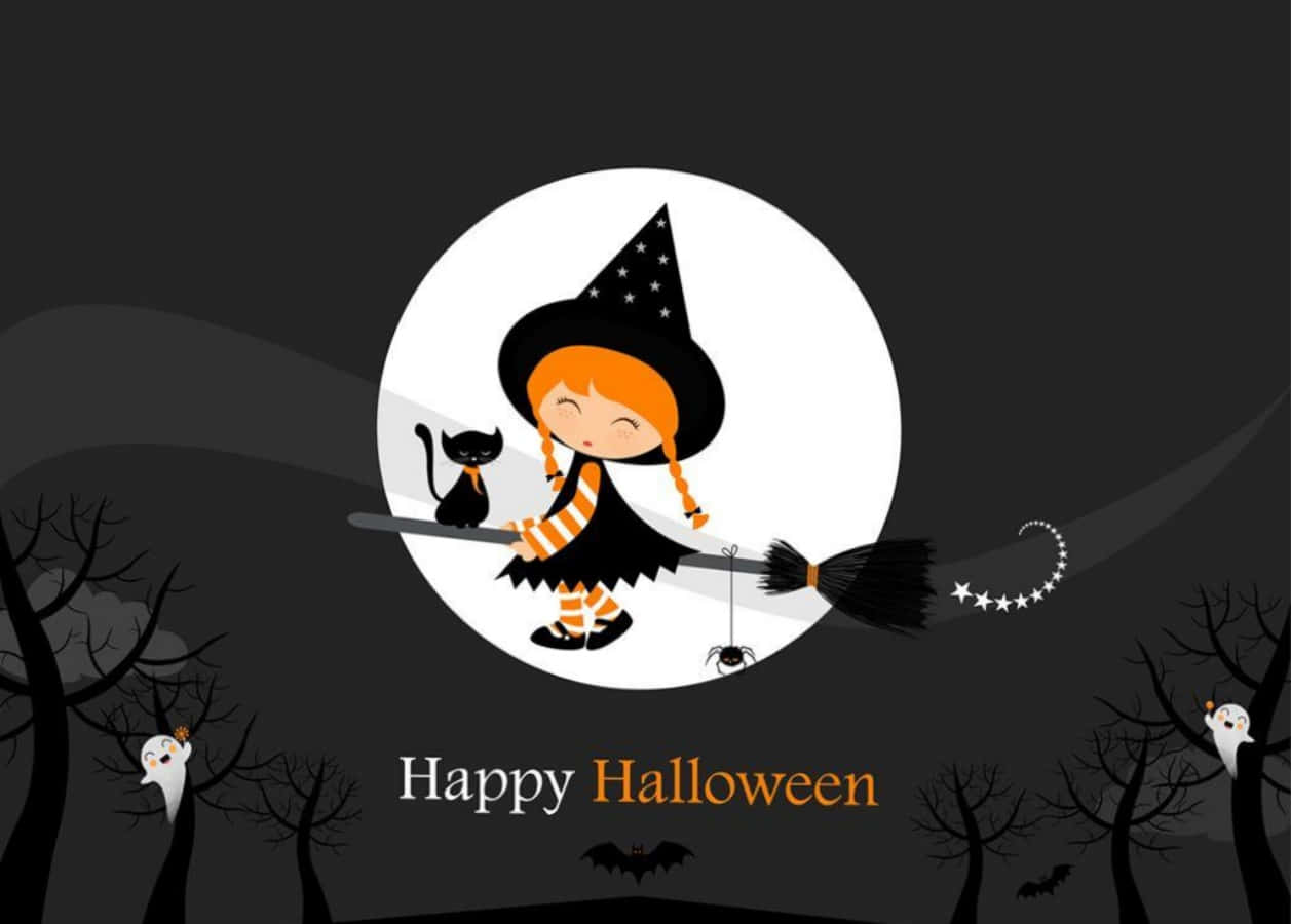 Fetita Vrăjitoare de Halloween cu Pisica Neagră Fundal