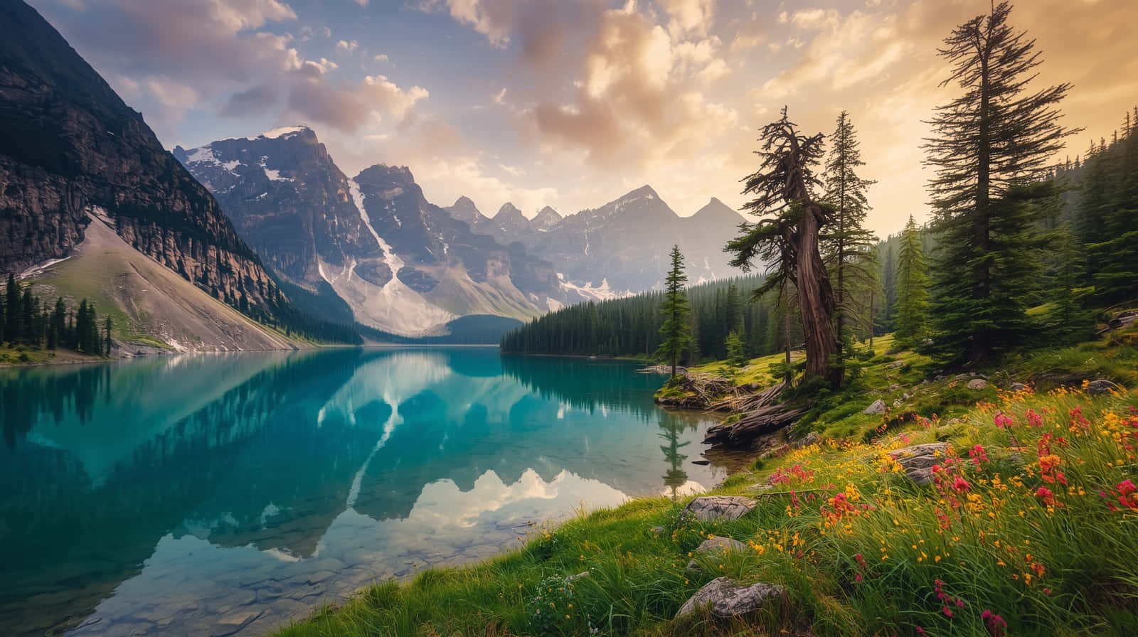 Flori alpine și strălucirea apusului la lacul glaciar - fundal