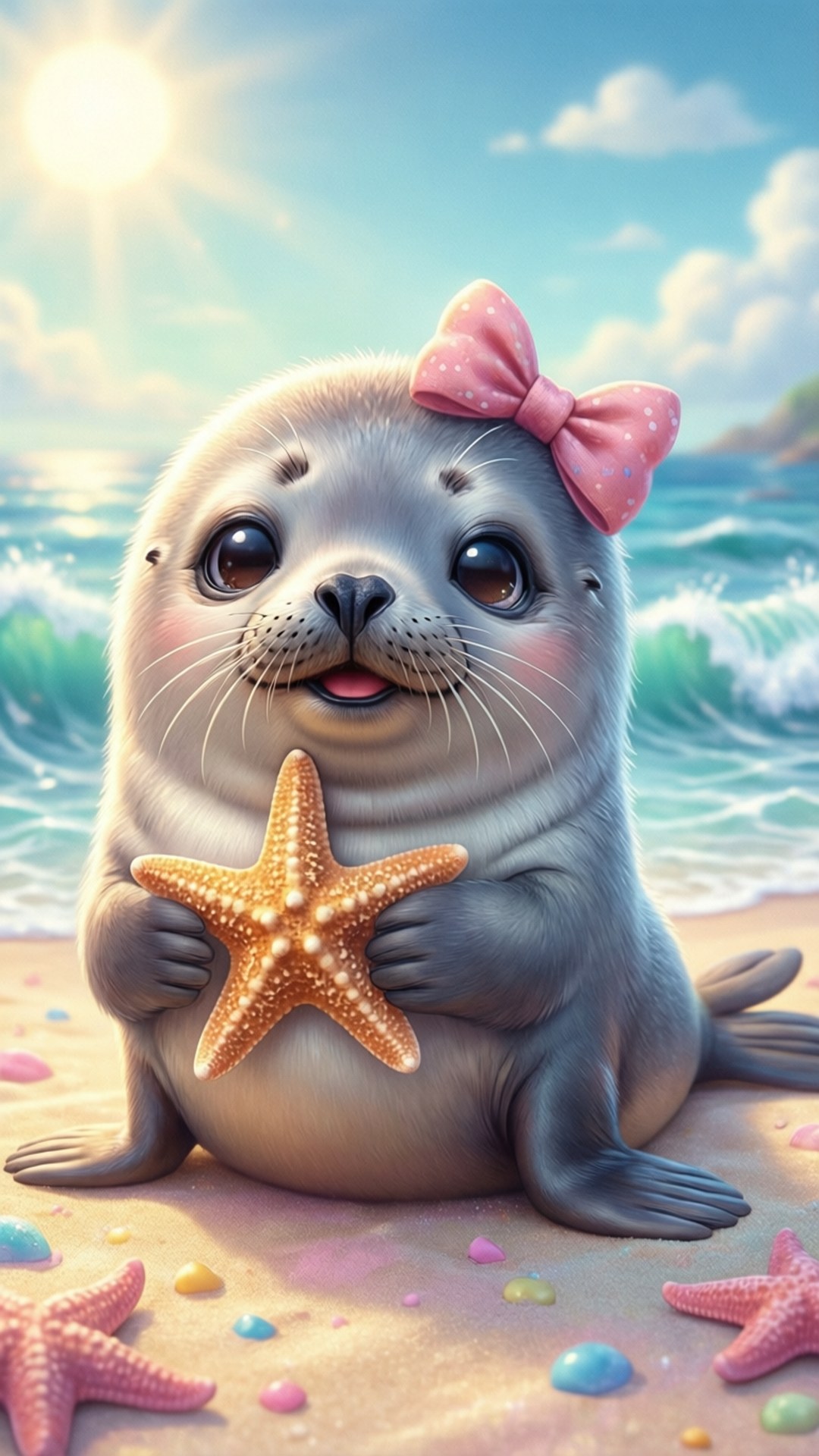 Foca Kawaii la Plajă Fundal