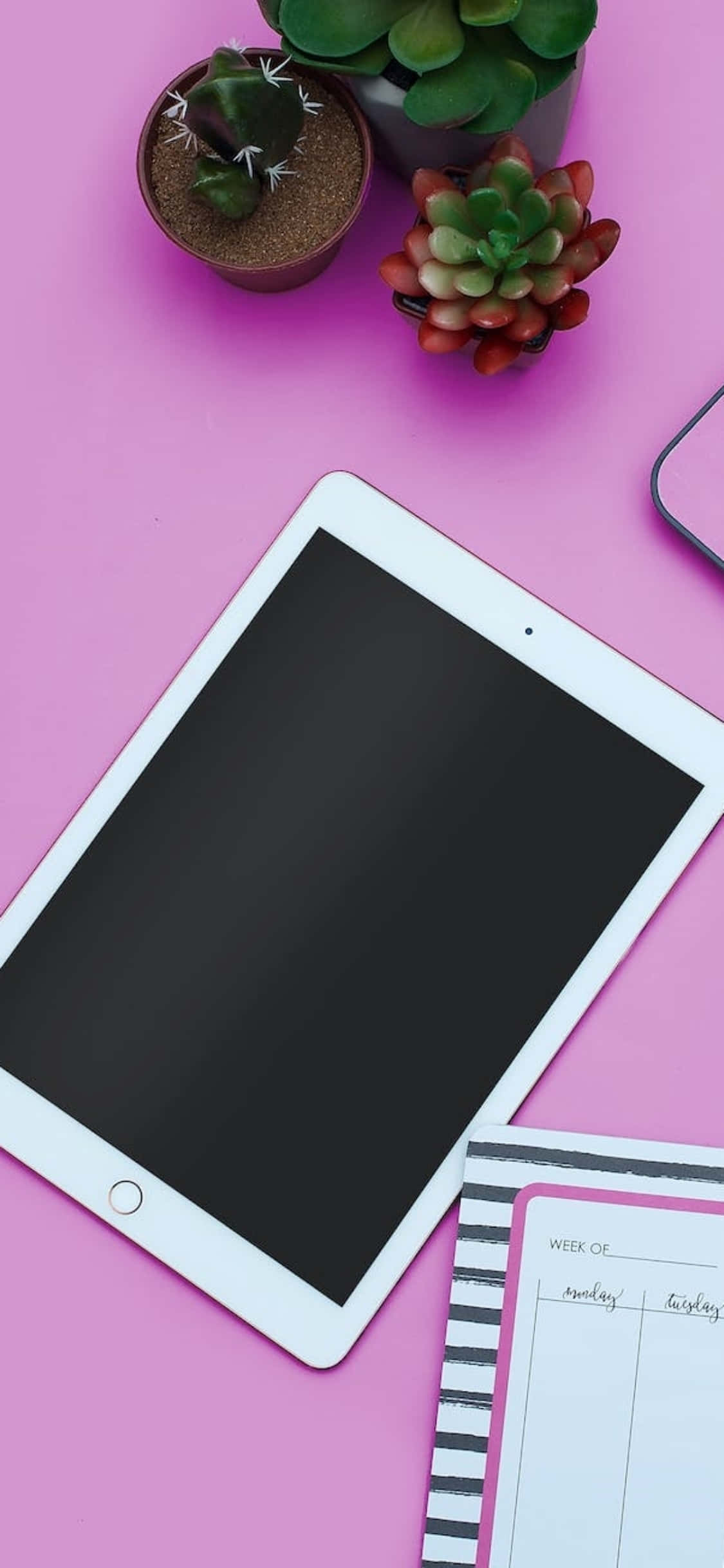 Fond de ecran iPhone X cu un birou roz și un iPad Fundal
