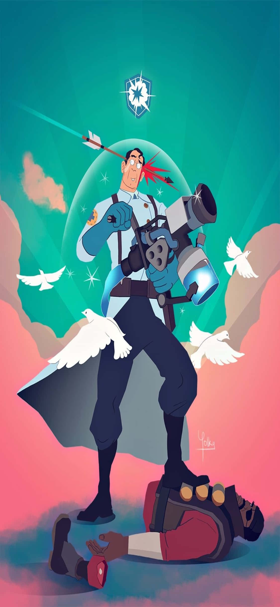 Fond iPhone Xs TF2: Fan art cu Medic stând deasupra Demoman-ului Fundal