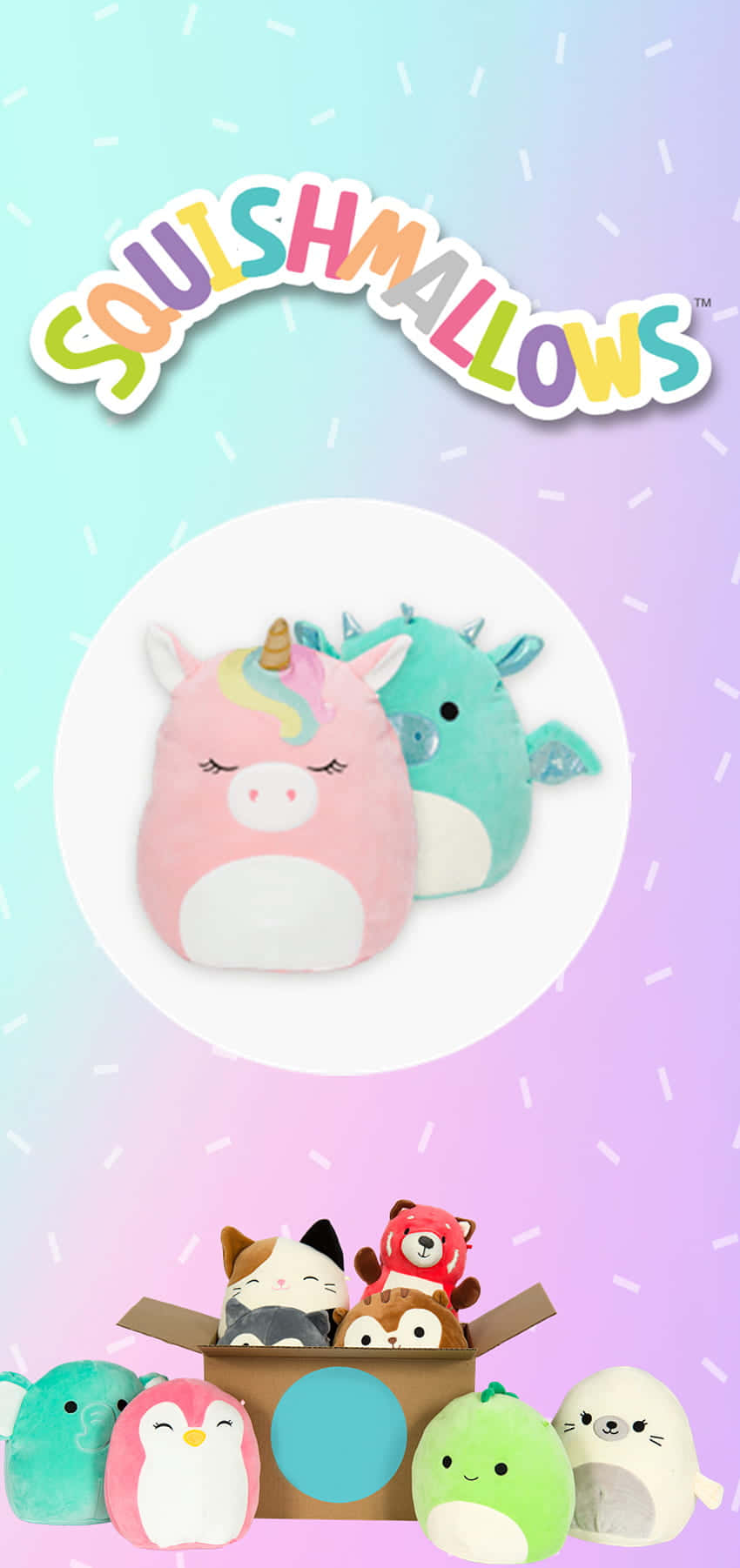 Fond portret Squishmallow albastru cer și violet Fundal