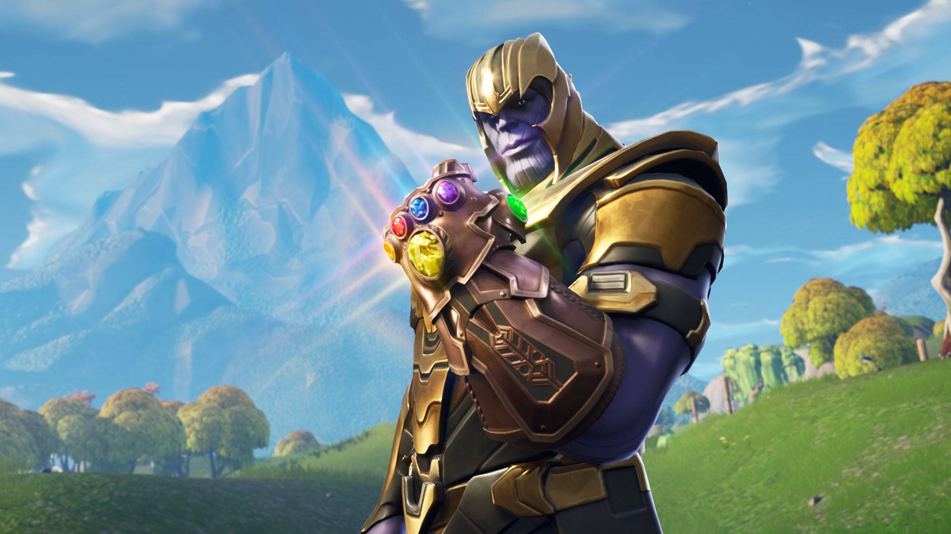Tapet HD cu Thanus în Fortnite ținând mănușa infinitului — Fortnite Fundal