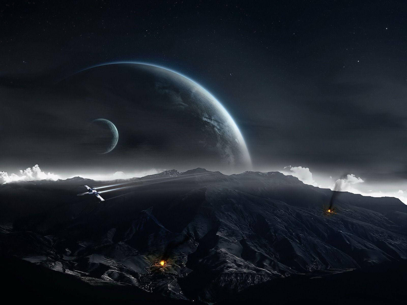 Frumos lanț muntos întunecat cu planete Fundal