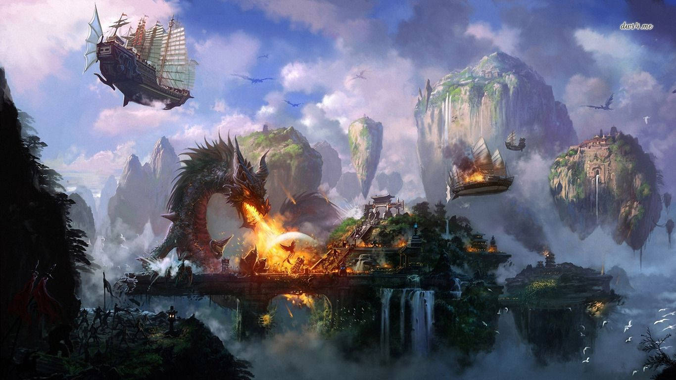 Frumusețea insulelor plutitoare Dragon-Fire, văzută de sus Fundal