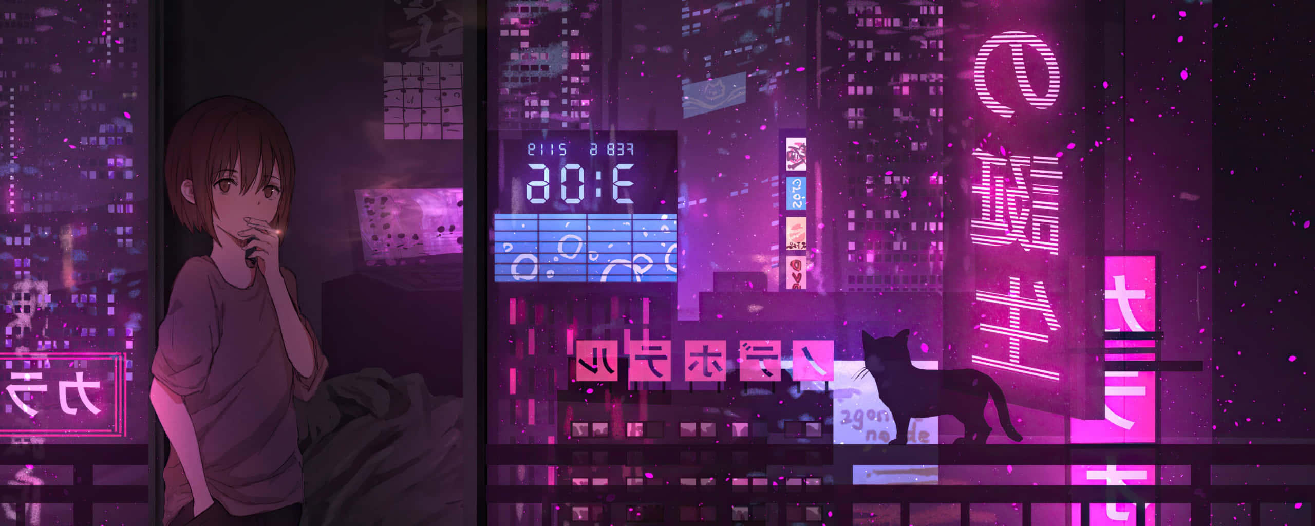 Fumătoare anime pe două monitoare în oraș cyberpunk luminat Fundal