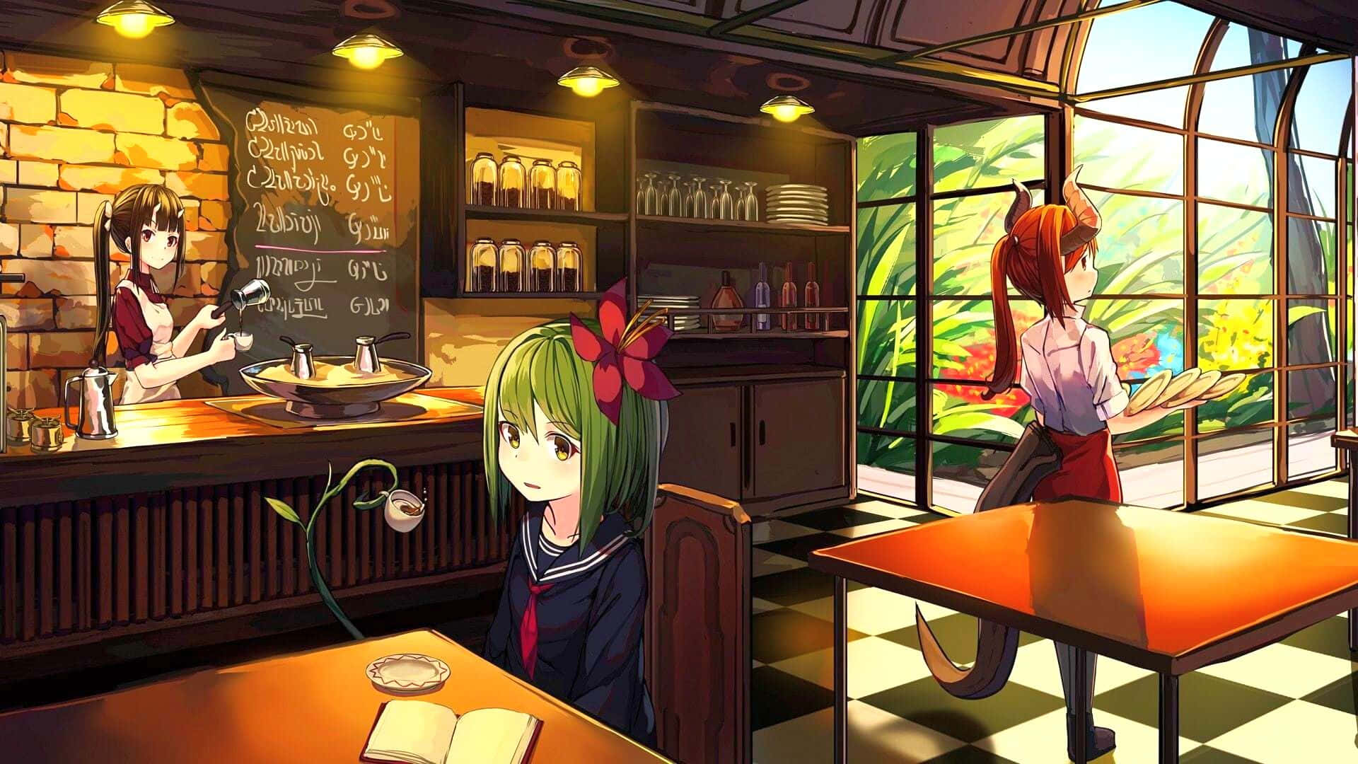 Fundal Cafenea Anime cu Studentă Fundal