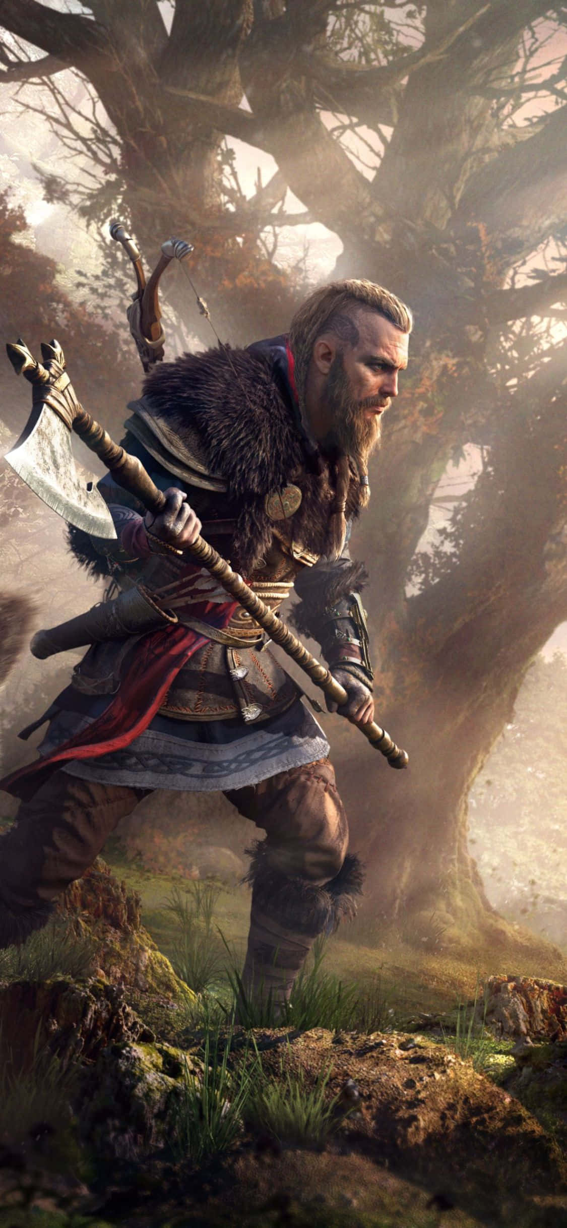 Fundal Eivor cu topor uriaș Assassin's Creed Valhalla pentru iPhone XS Fundal
