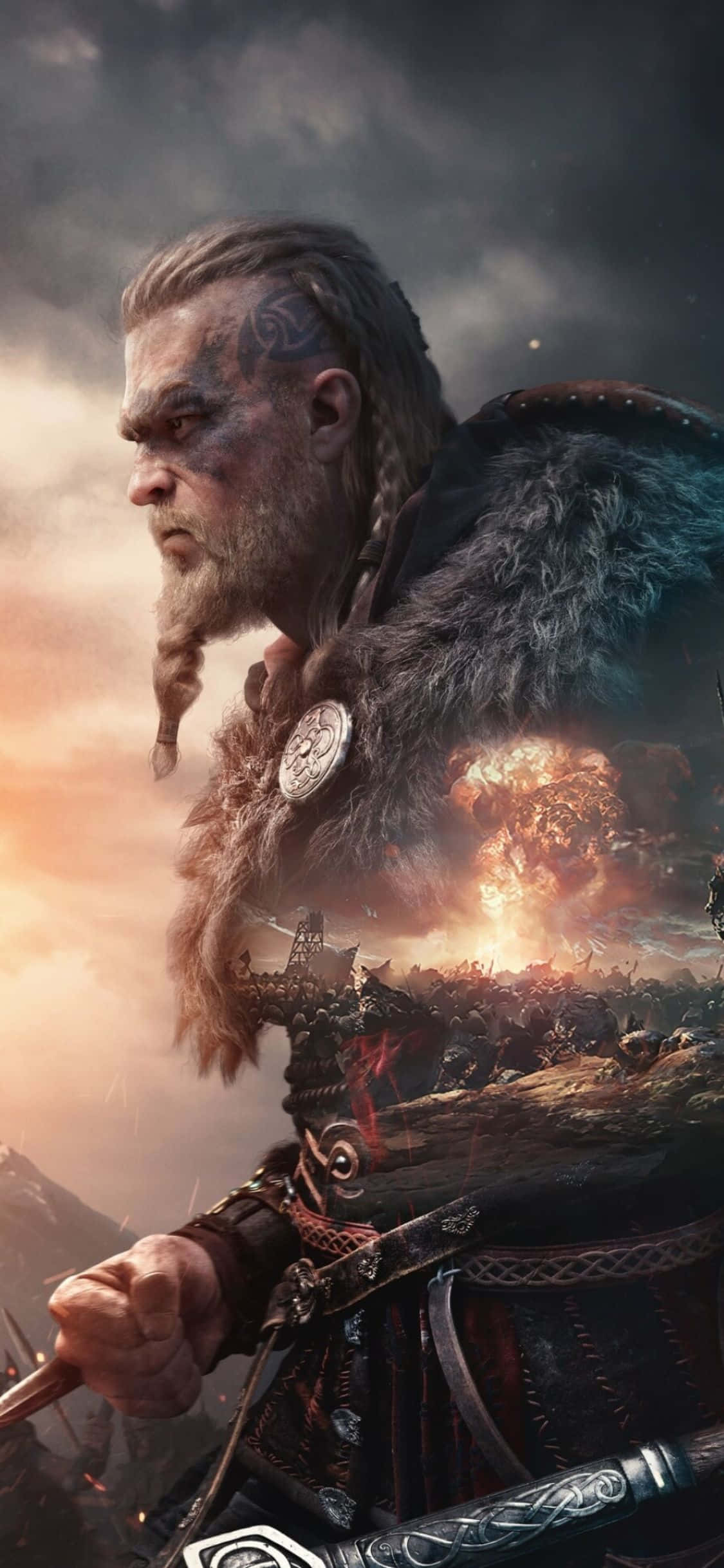 Fundal Eivor cu explozie tăiată Assassin's Creed Valhalla pentru iPhone XS Fundal