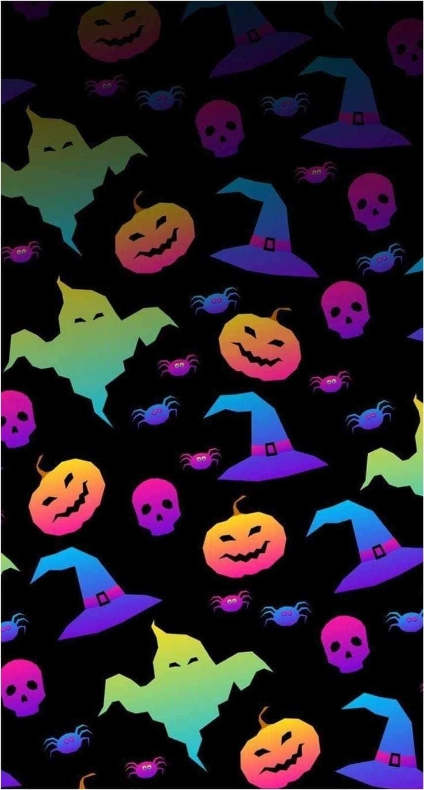 Fundal estetic de Halloween cu fantome, dovleci și pălării de vrăjitoare Fundal