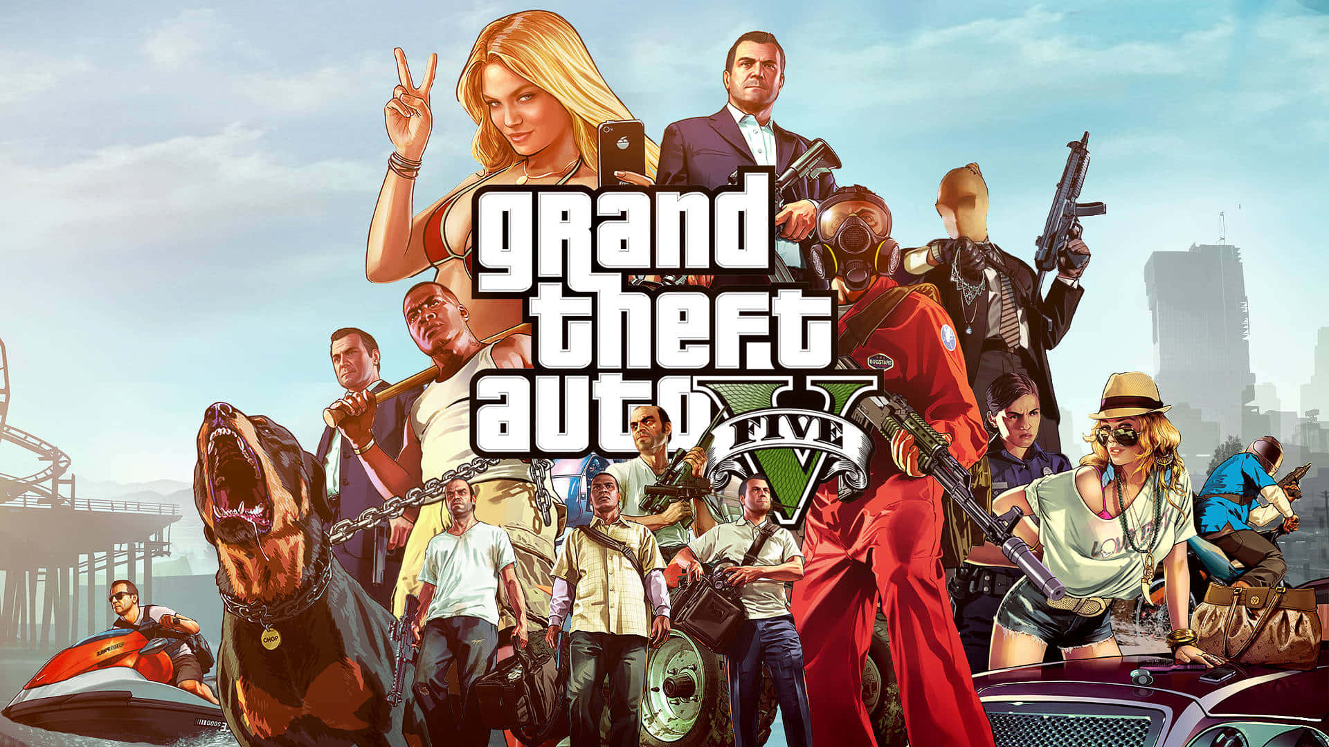 Fundal GTA cu personajele ecranului de încărcare Grand Theft Auto Five Fundal
