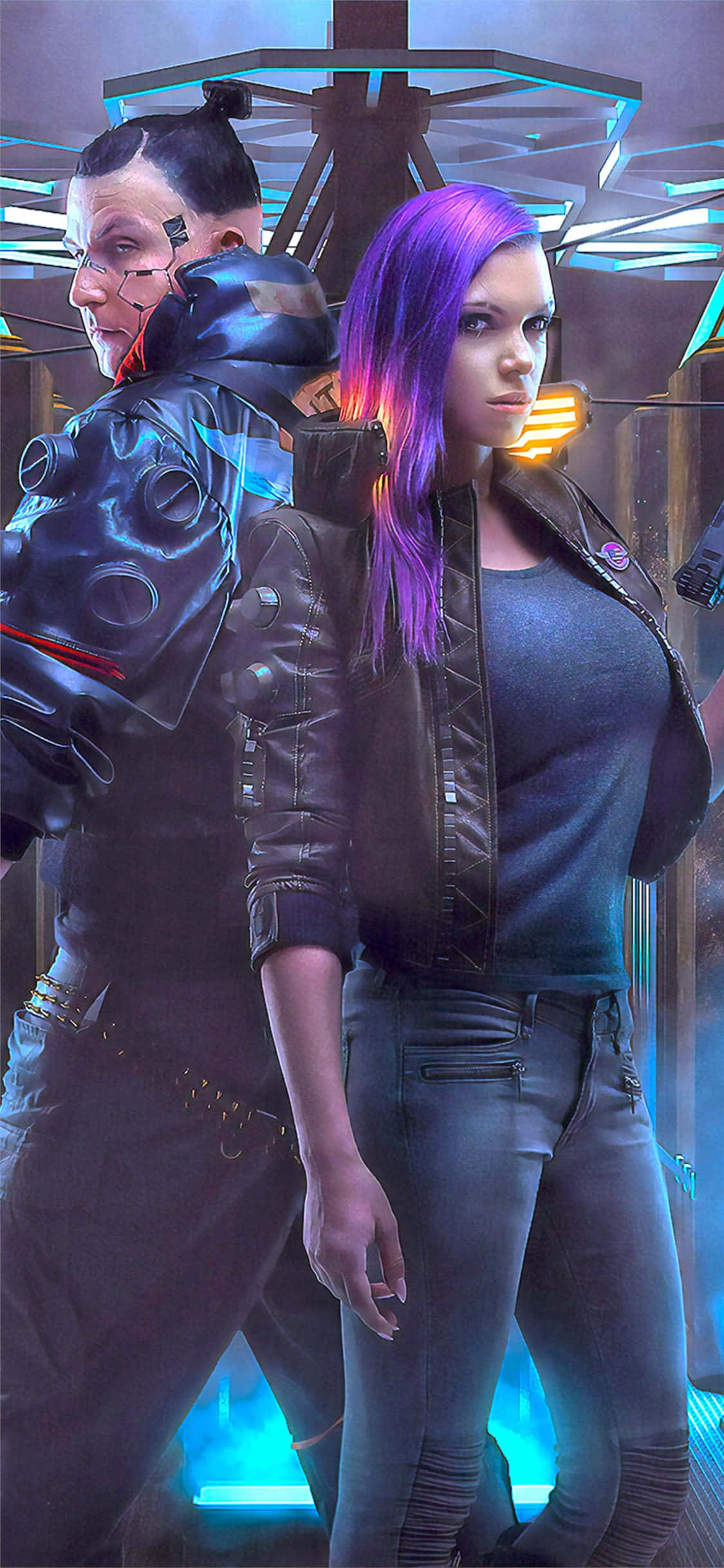 Fundal iPhone X Cyberpunk 2077 personaj bărbat și femeie Fundal