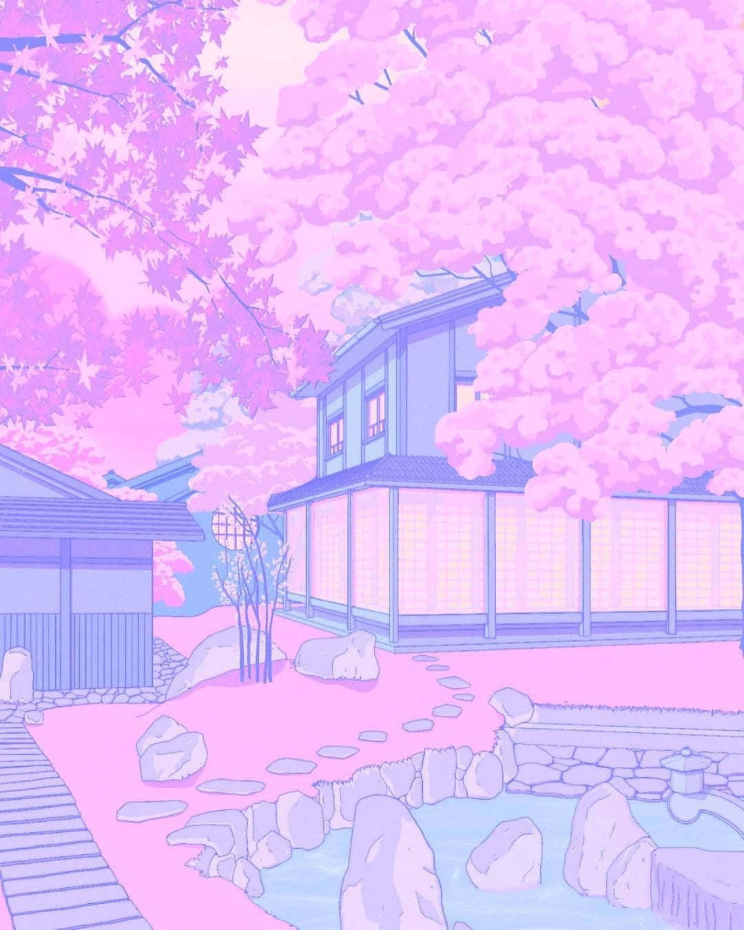 Fundal Roz Estetic Anime cu Petale Fundal