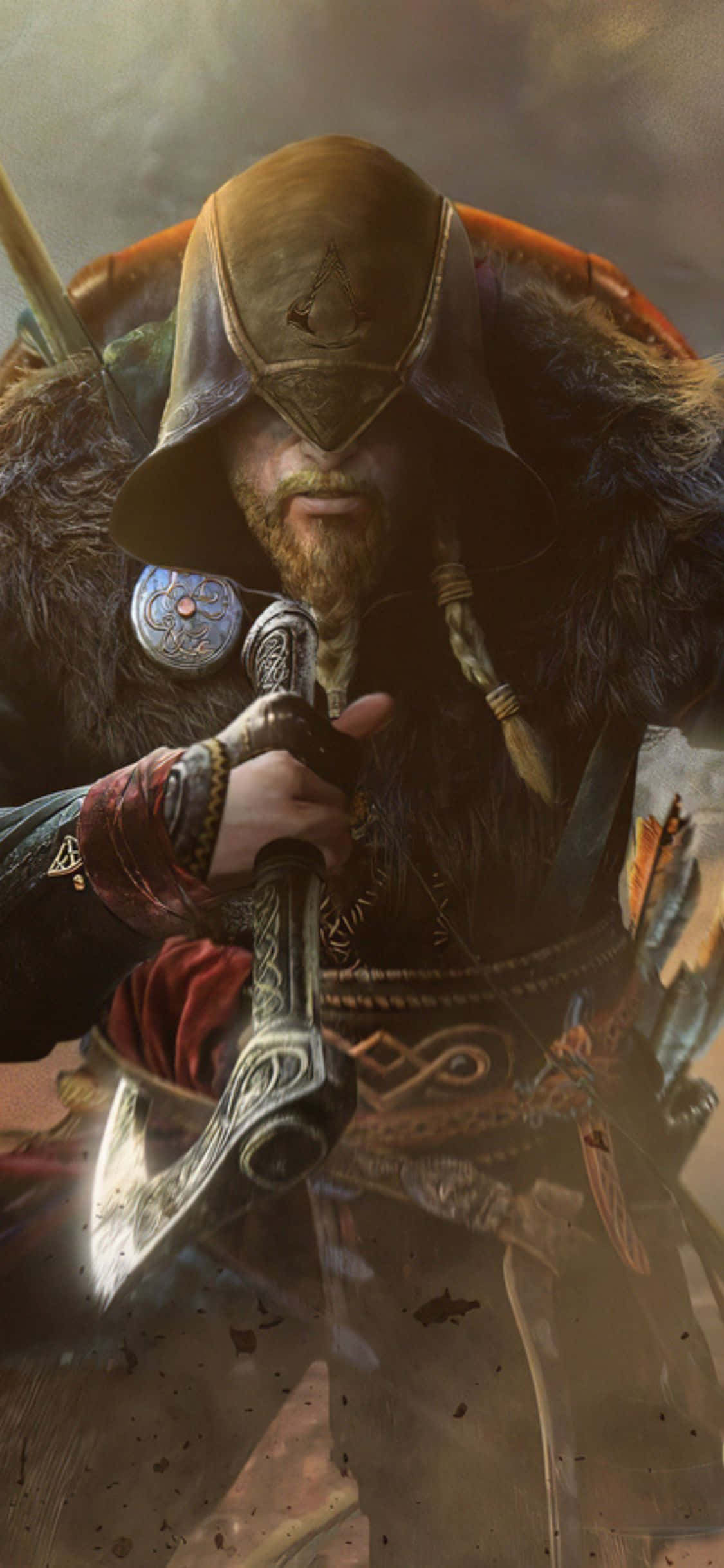Fundal viking cu glugă și topor Assassin's Creed Valhalla pentru iPhone XS Fundal