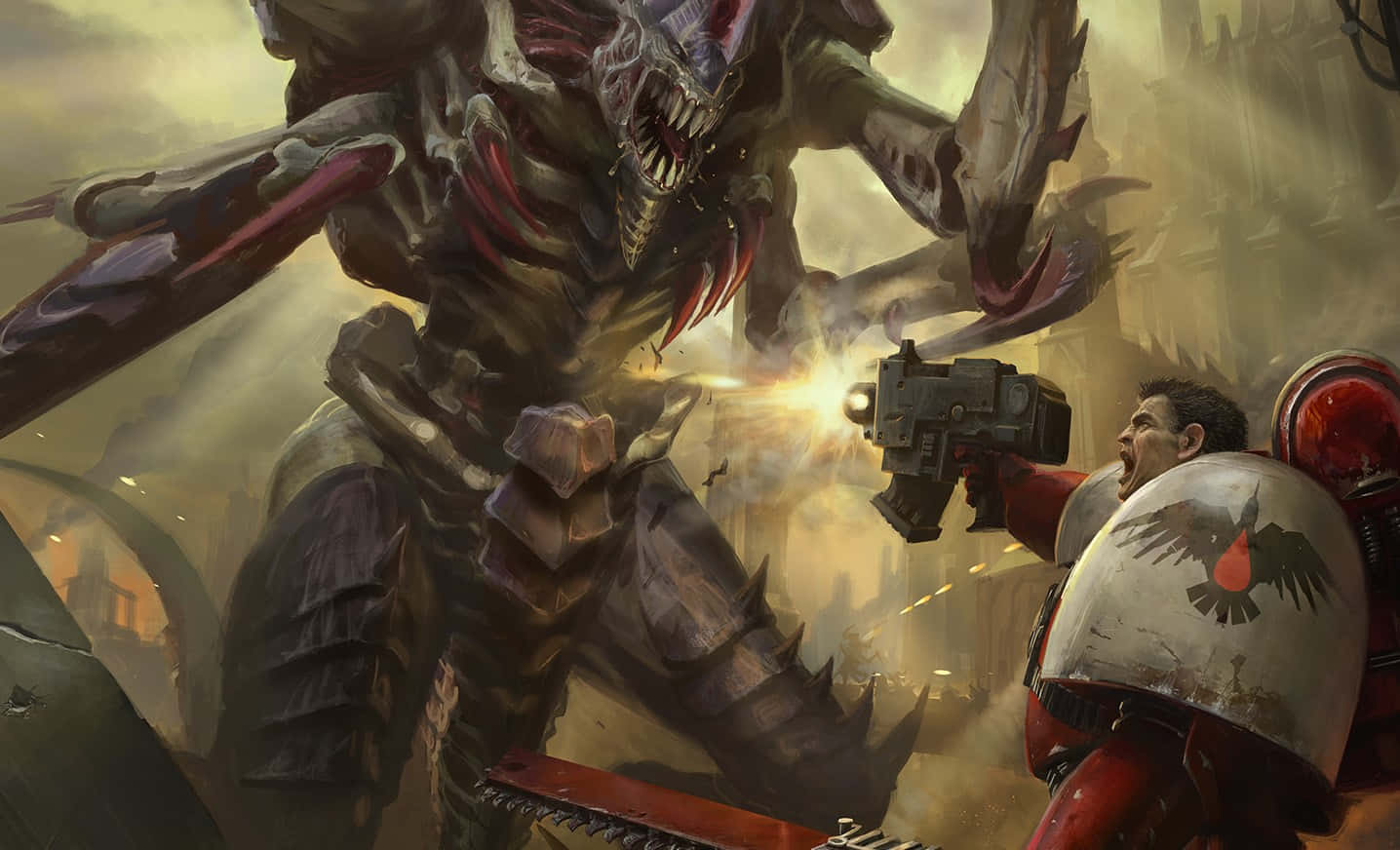 Gabriel Angelos luptându-se cu Tyranid în fundal Dawn Of War III Fundal