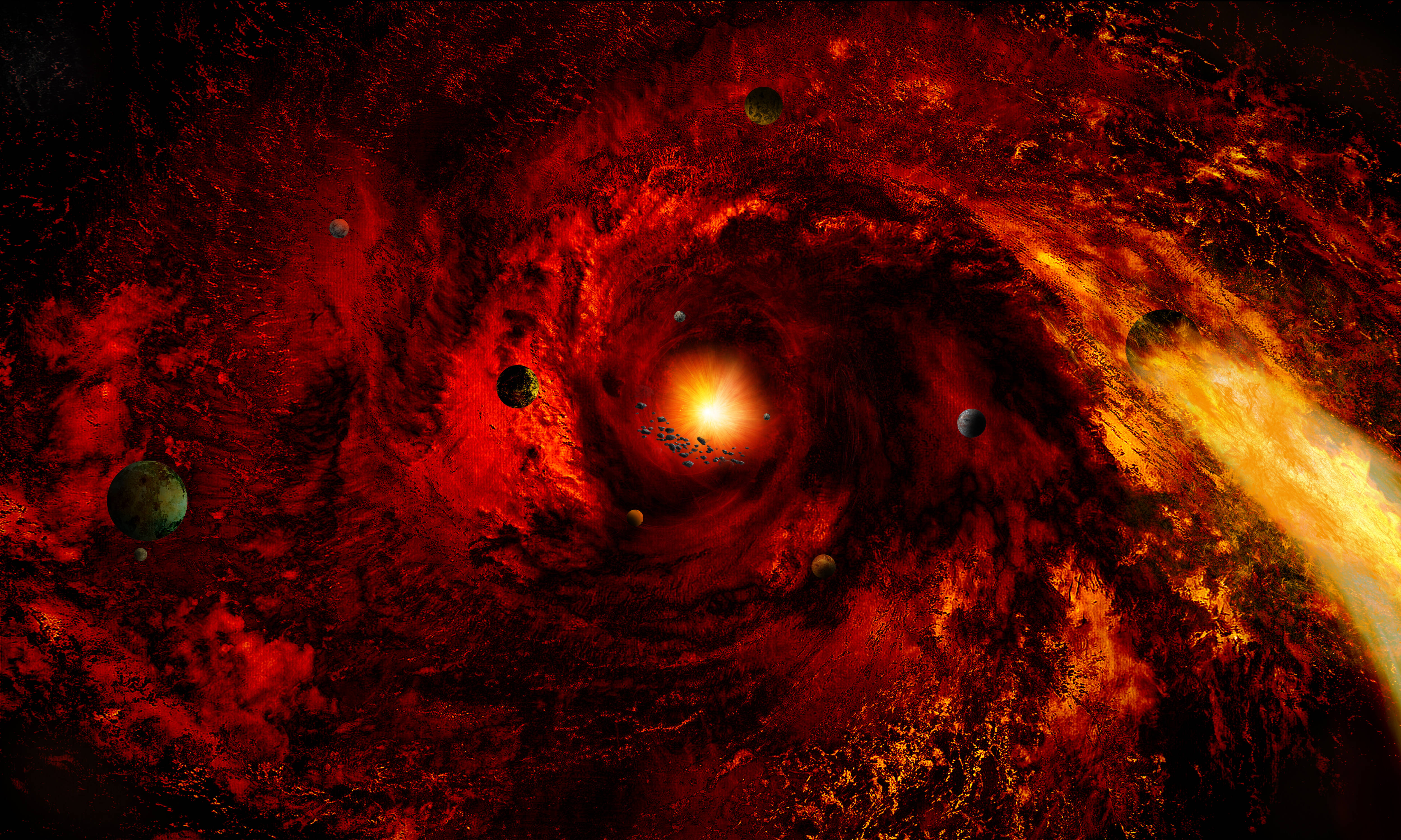 Galaxia spirală roșie iluminând spațiul cosmic Fundal