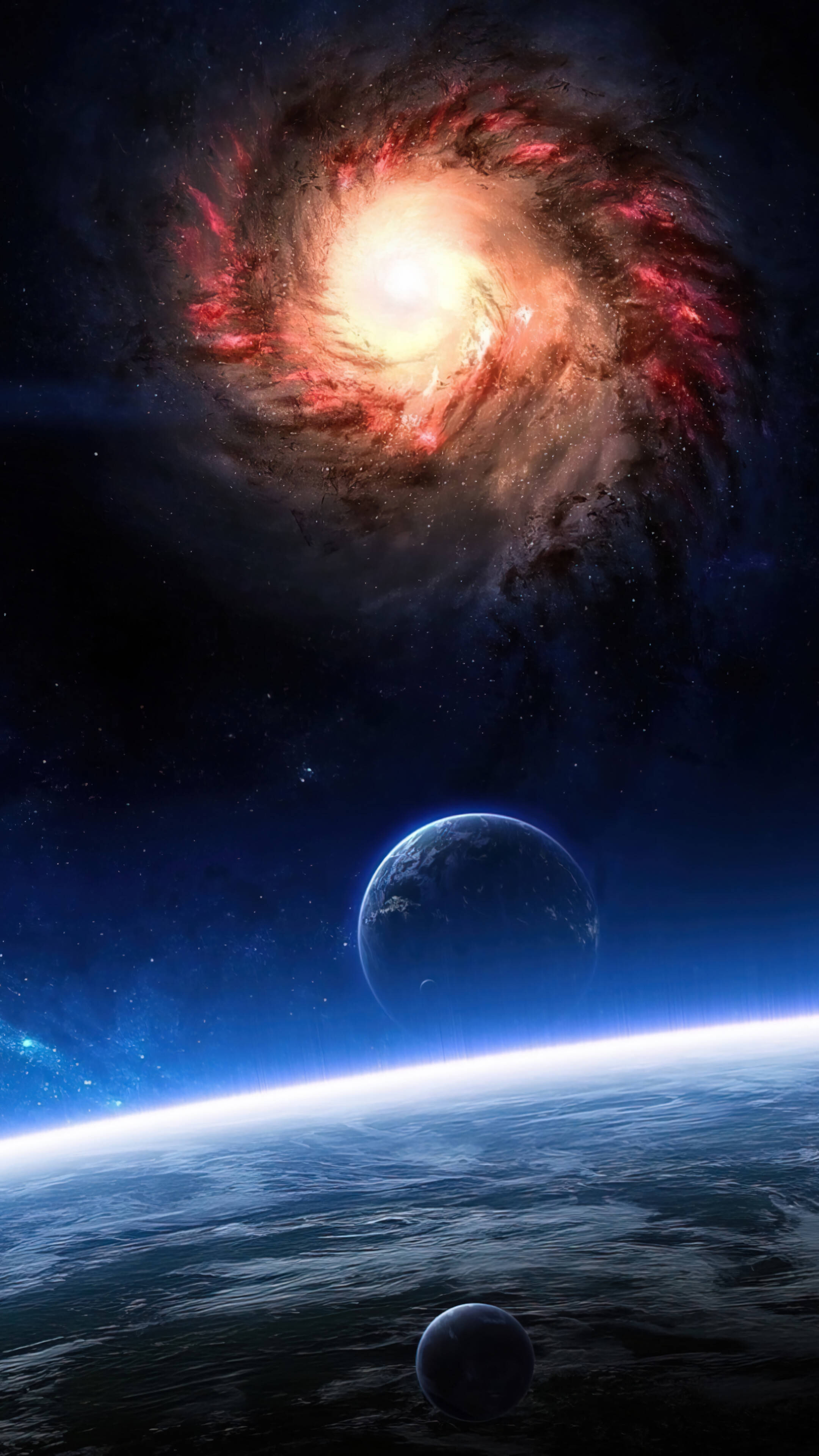 Galaxie care veghează asupra planetelor în spațiu 4K pentru telefon Fundal