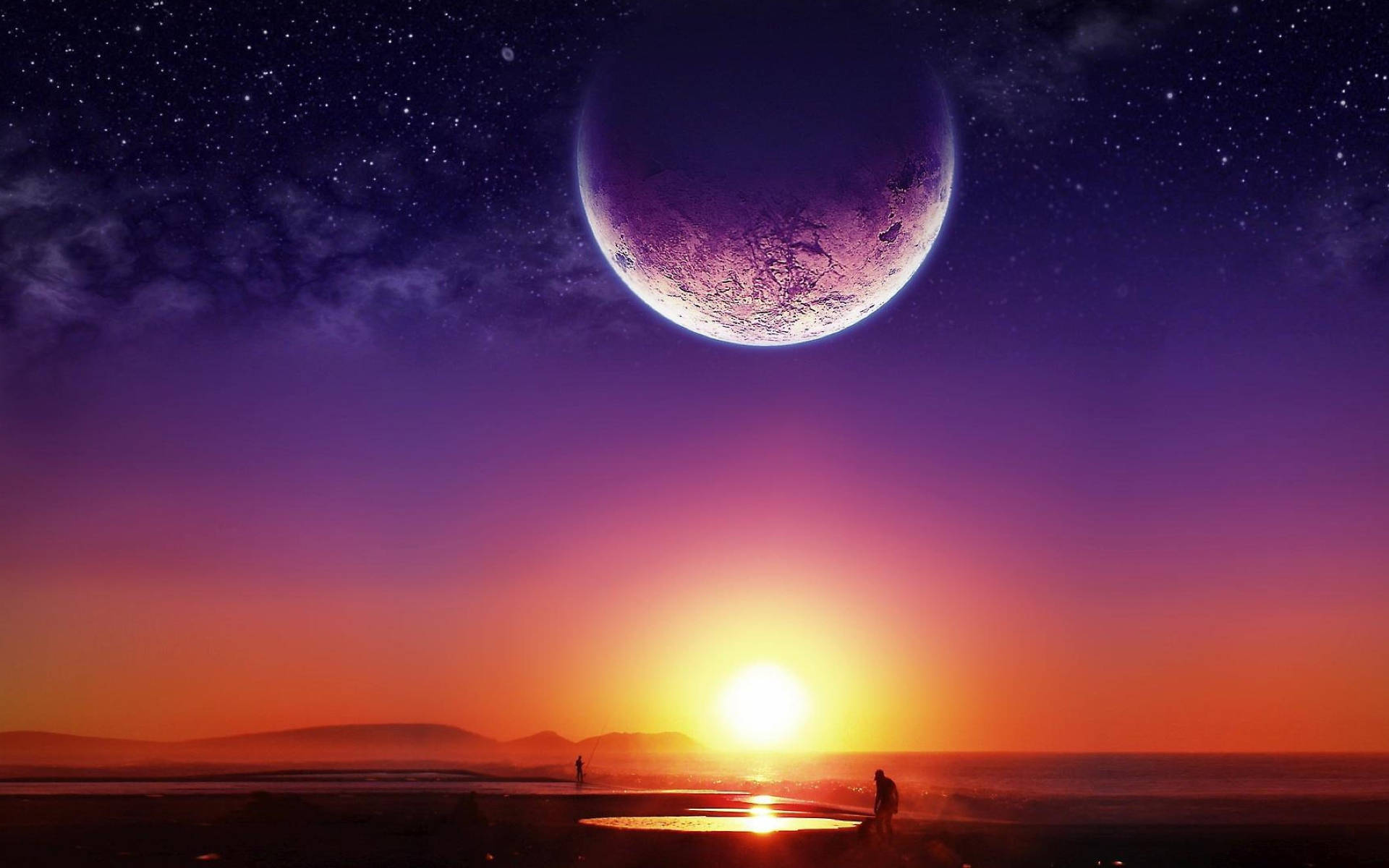 Galaxie Lună și Apus de Soare Fundal
