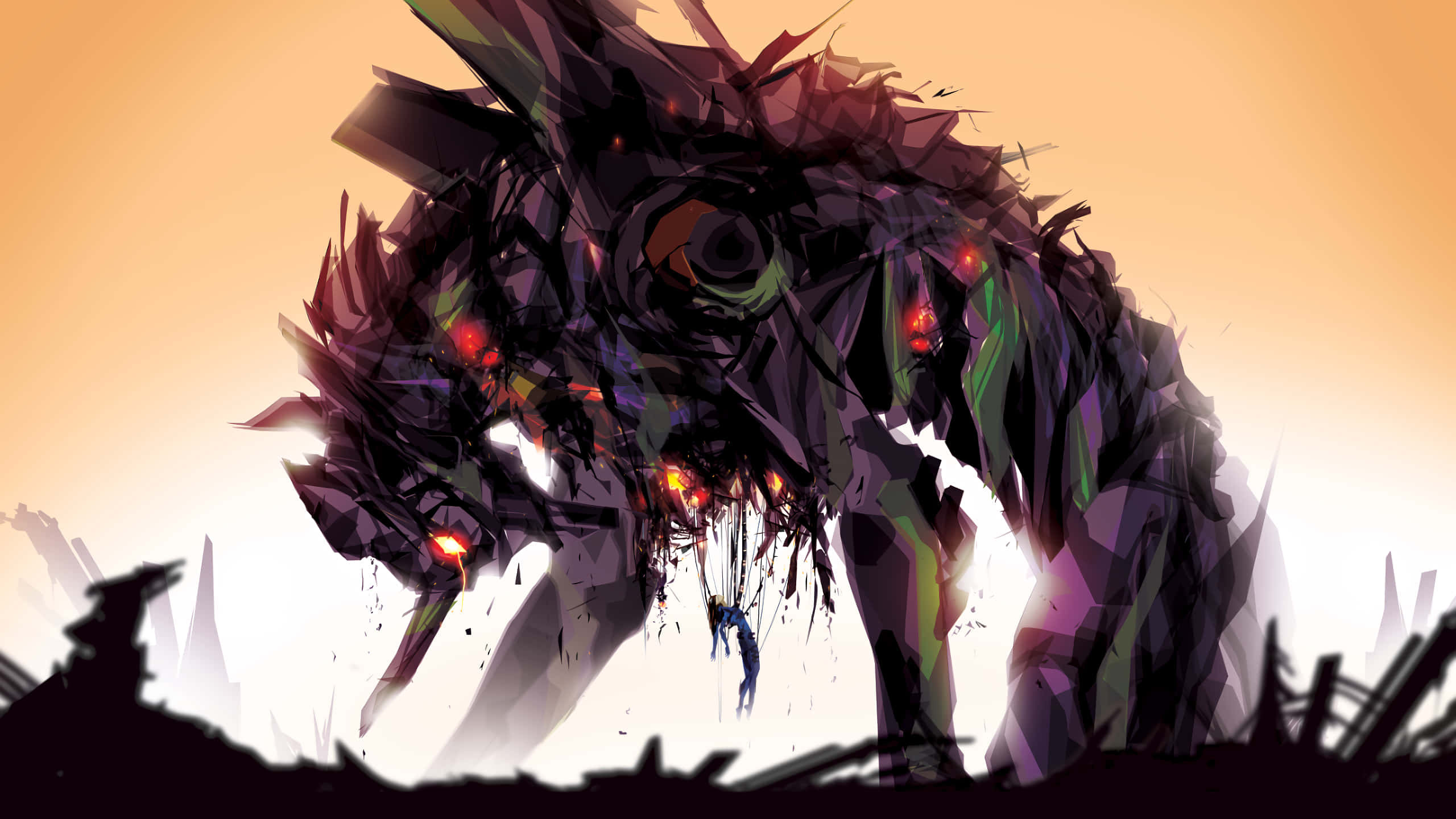 Gardianul mecha futurist din Neon Genesis Evangelion sub cerul amurgului Fundal