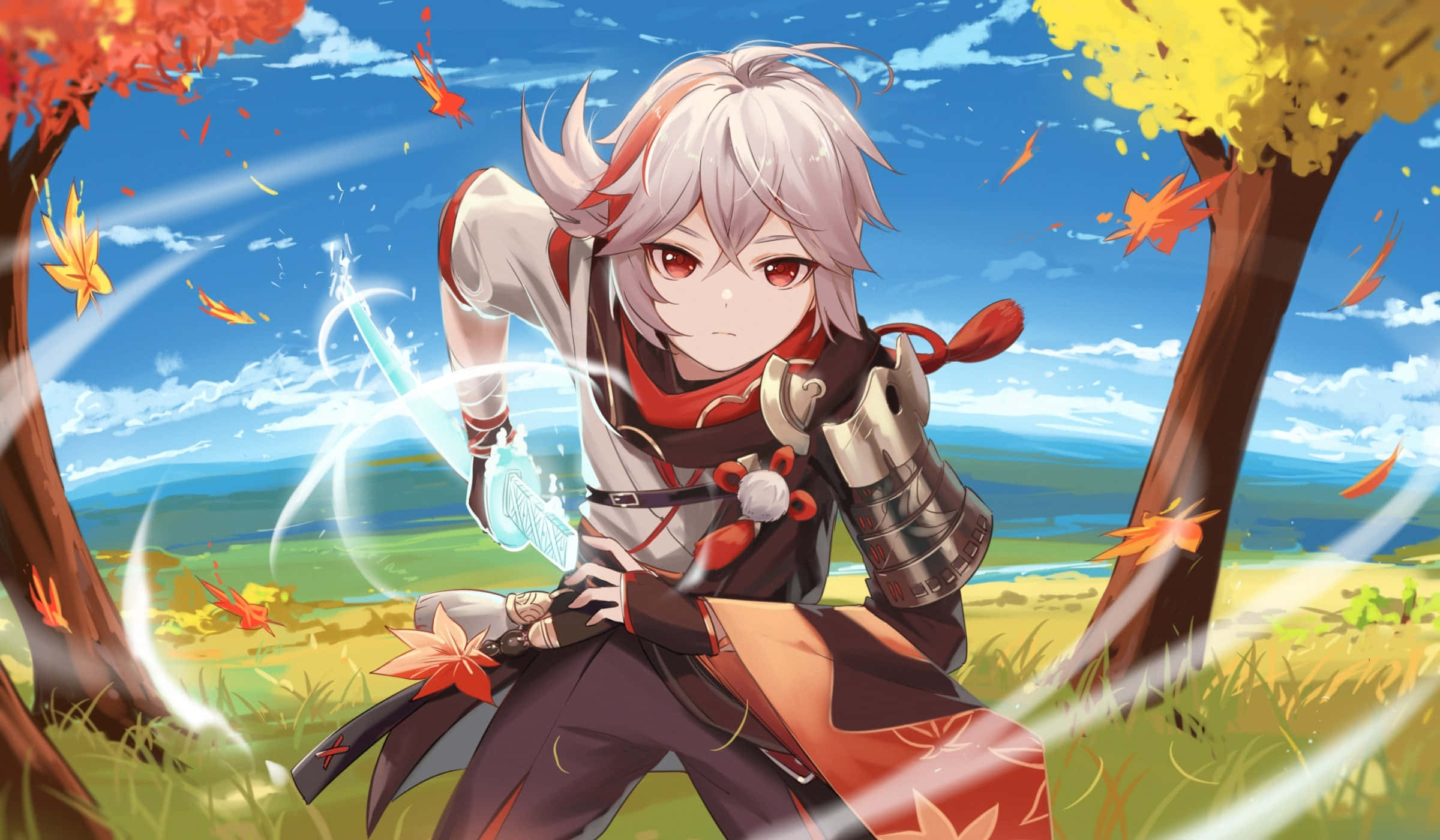 Genshin Impact Kazuha cu Armură și Sabie Fundal
