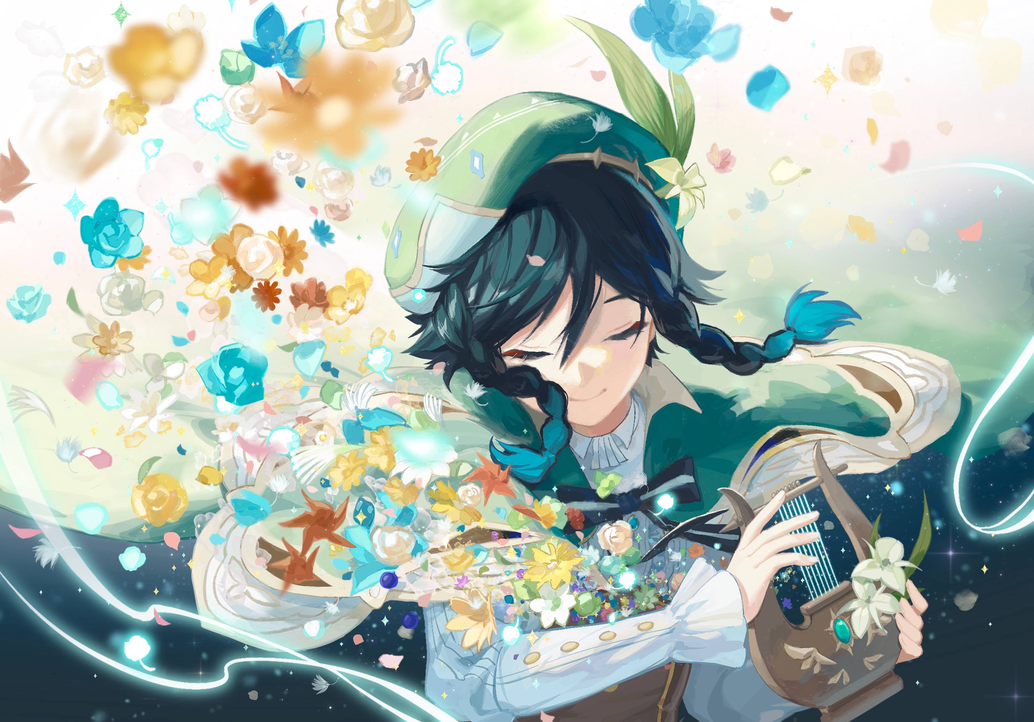 Genshin Venti cu flori colorate Fundal