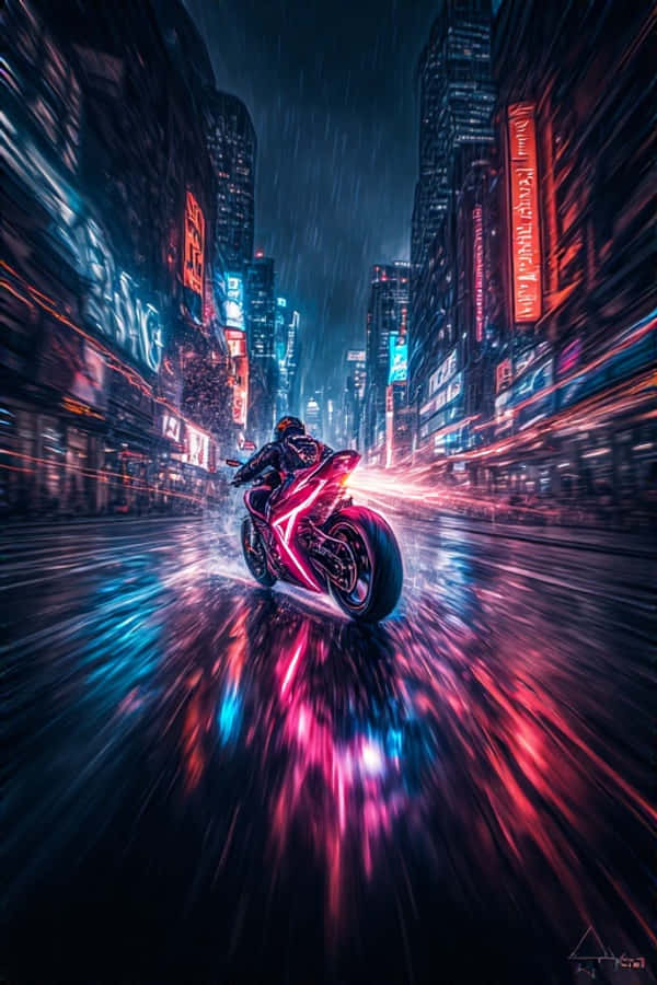 Goană cu Motocicleta Neon în Oraș Întunecat Dinamic 4K Fundal