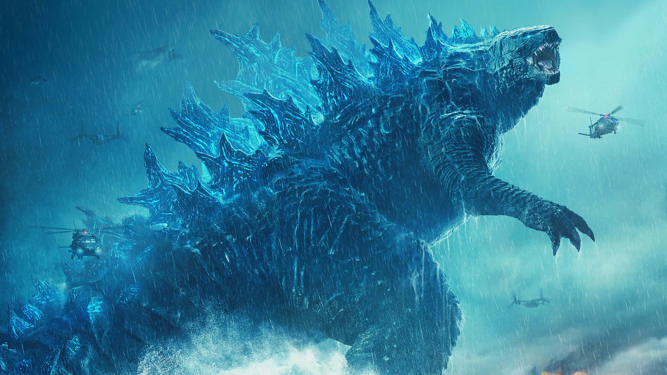 Godzilla cu lumini albastre de neon și elicoptere Fundal