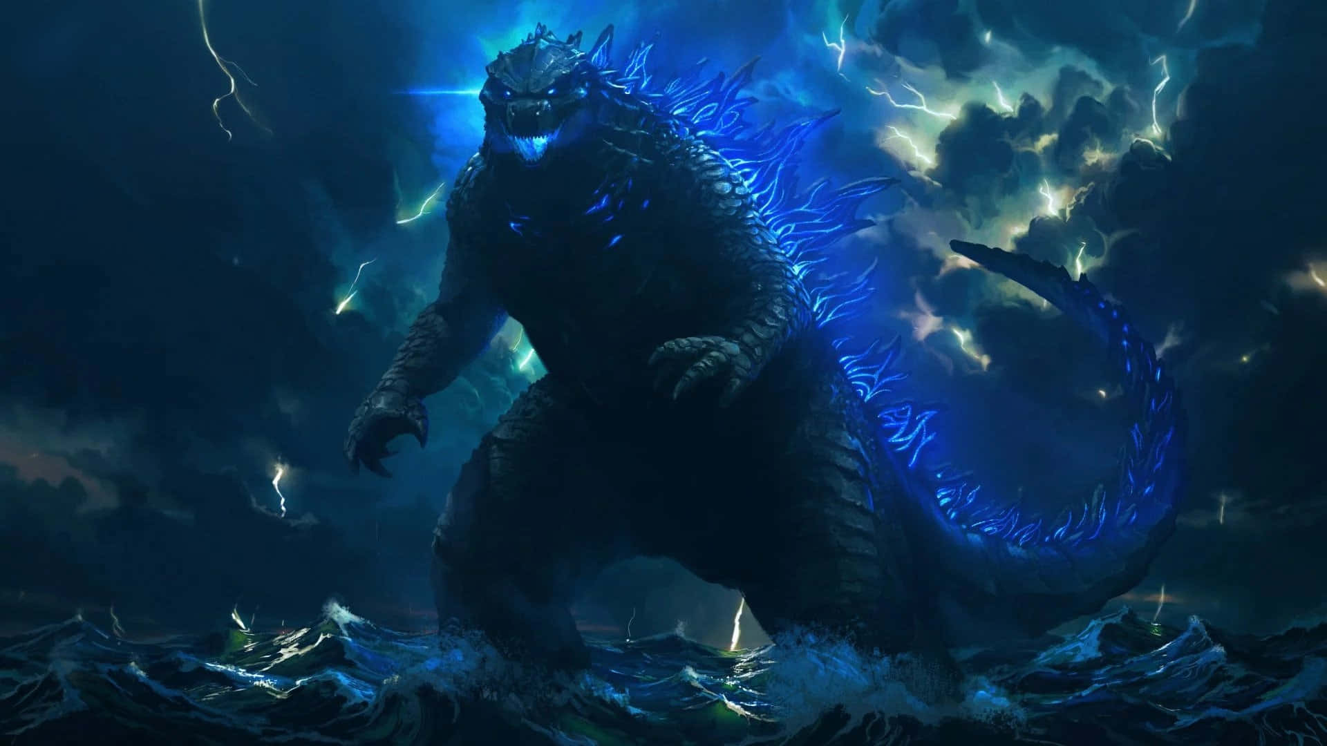 Godzilla cu lumină albastră neon deasupra oceanului Fundal