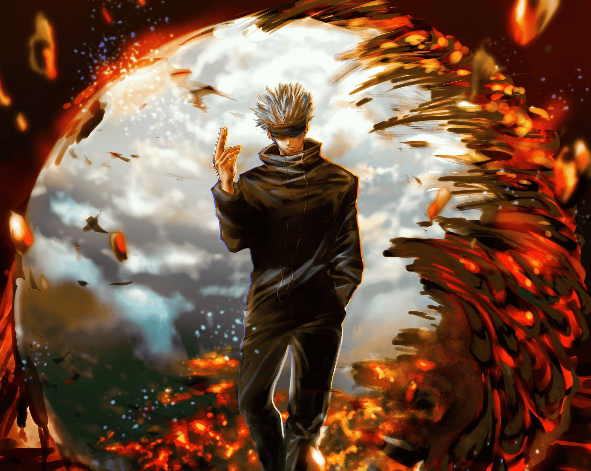 Saturo Gojo cu lavă în wallpaper anime Jujutsu Kaisen