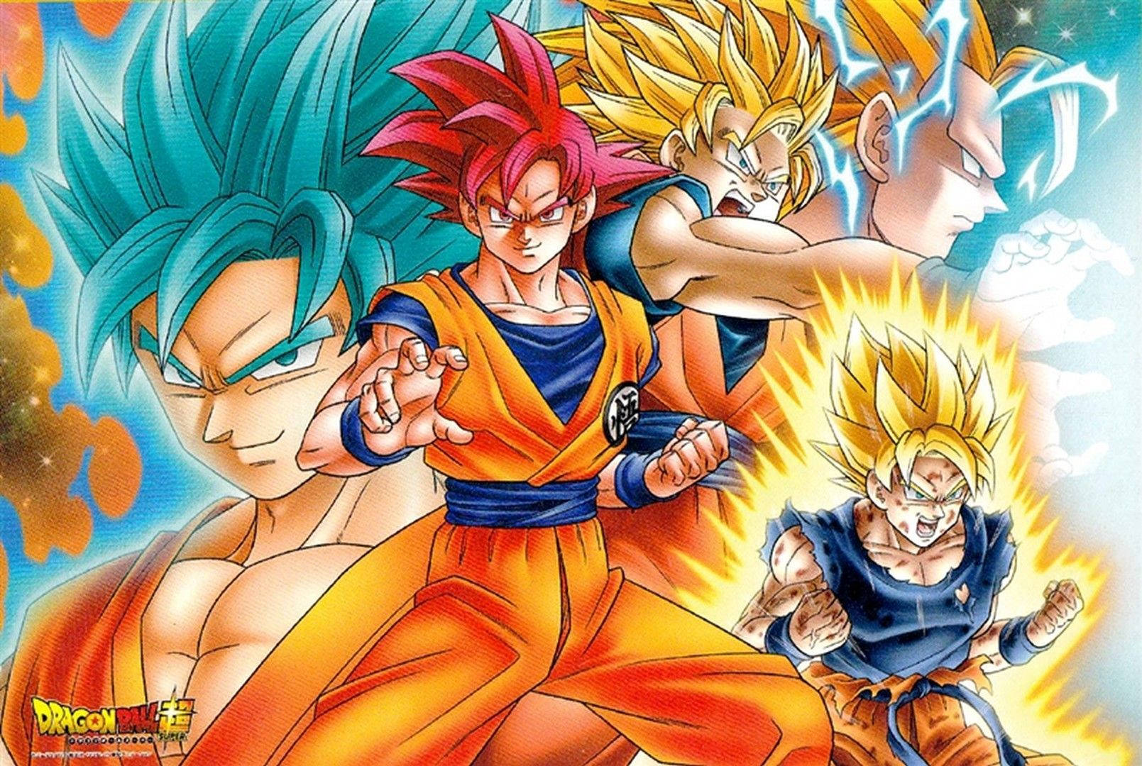 Goku folosind puterile sale de Super Saiyan pentru a înfrunta răufăcătorii. Fundal